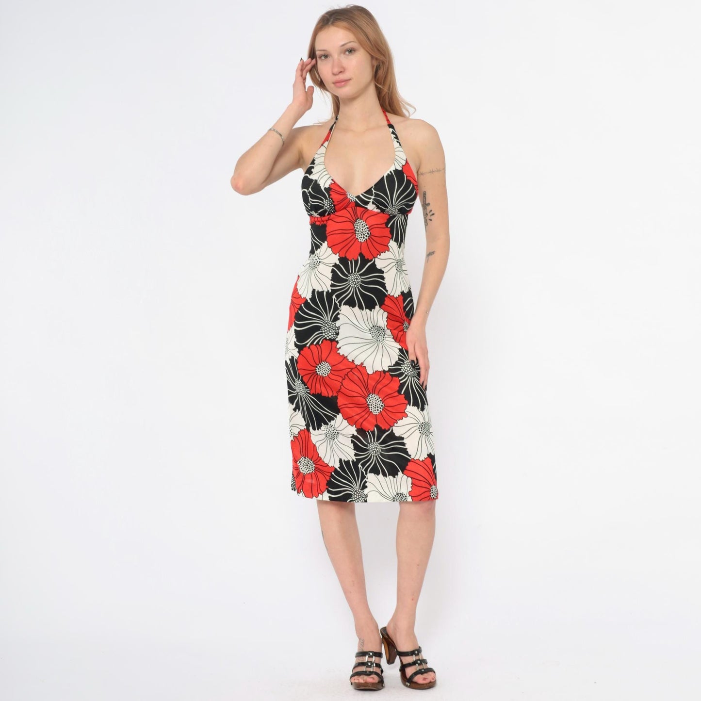 70s Halter Dress Floral Red Black Cream Plunge Neckline Small