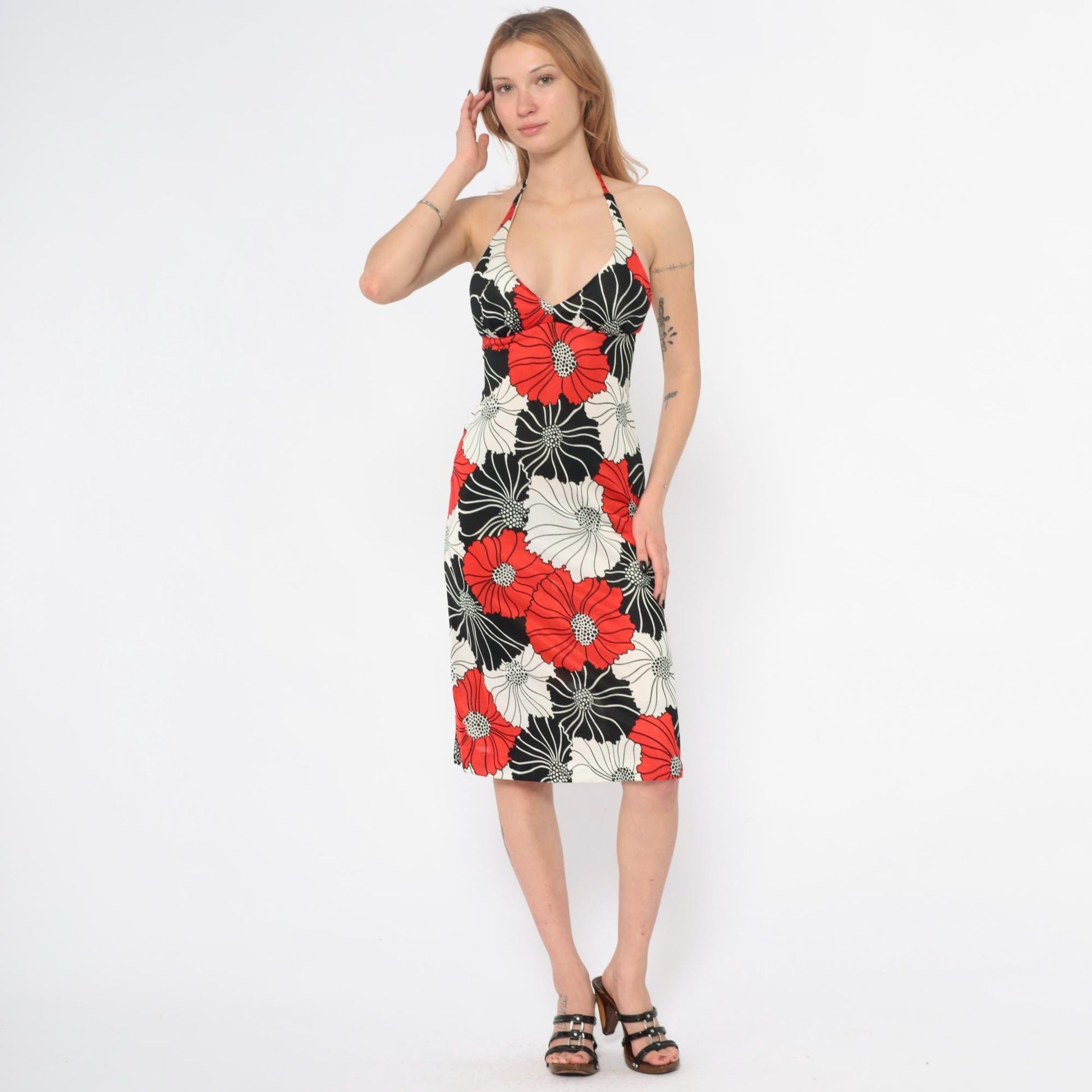 70s Halter Dress Floral Red Black Cream Plunge Neckline Small