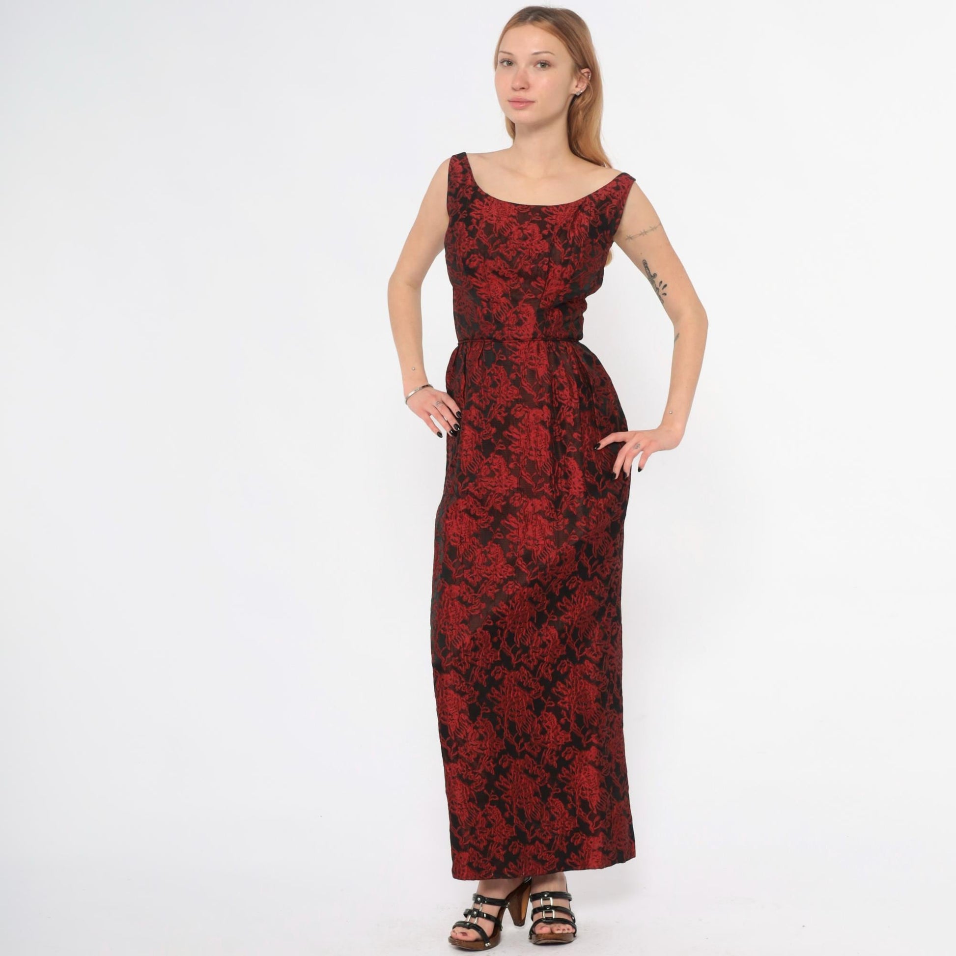60s Red Black Brocade Empire Waist Evening Gown Floral Jacquard Sleeveless Extra Small