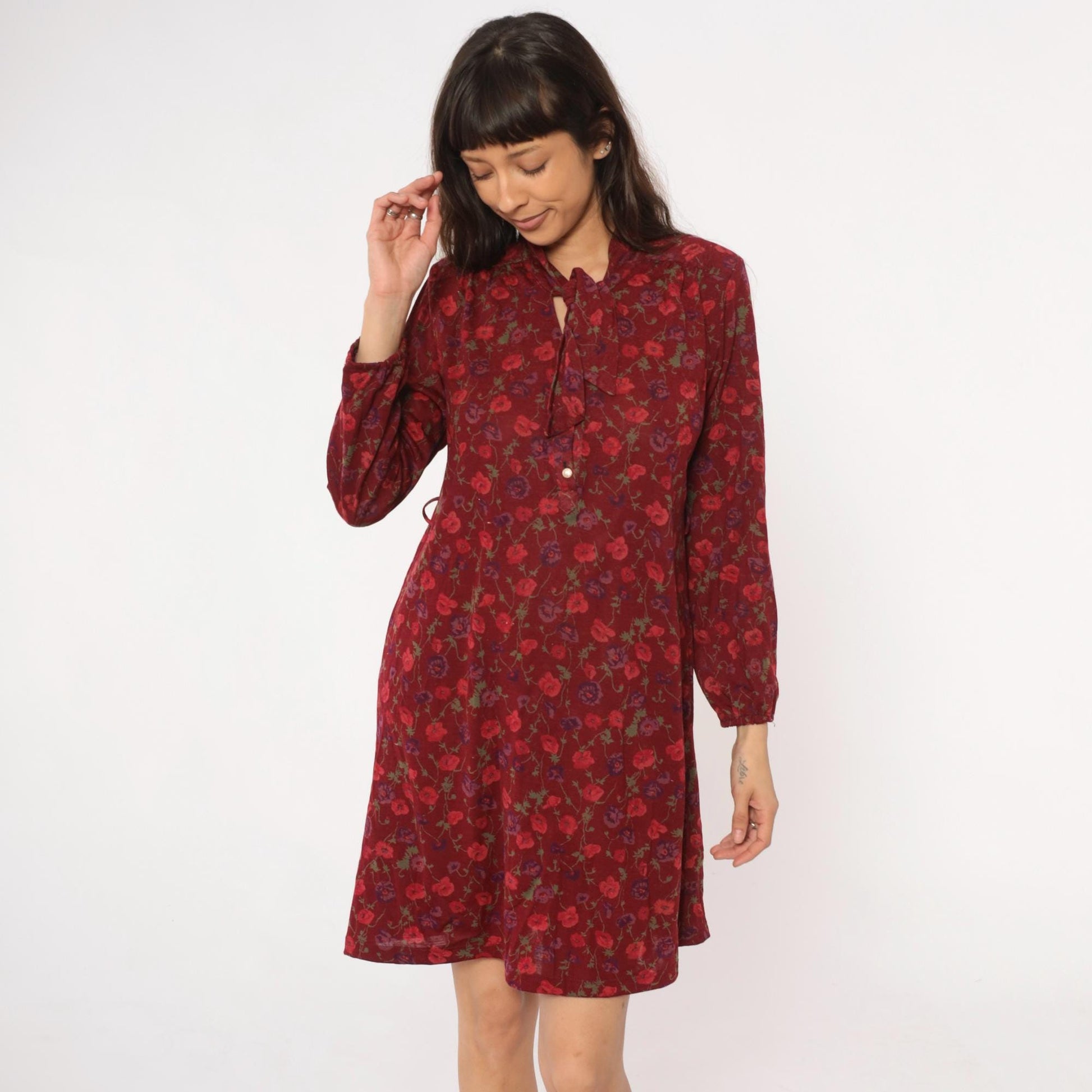 80s Burgundy Floral Midi Dress Long Sleeve Tie Neck Button Front Medium