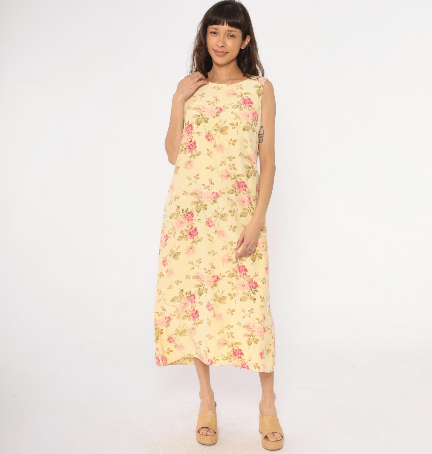 90s Silk Maxi Dress Yellow Floral Rose Print Shift Sleeveless Large L