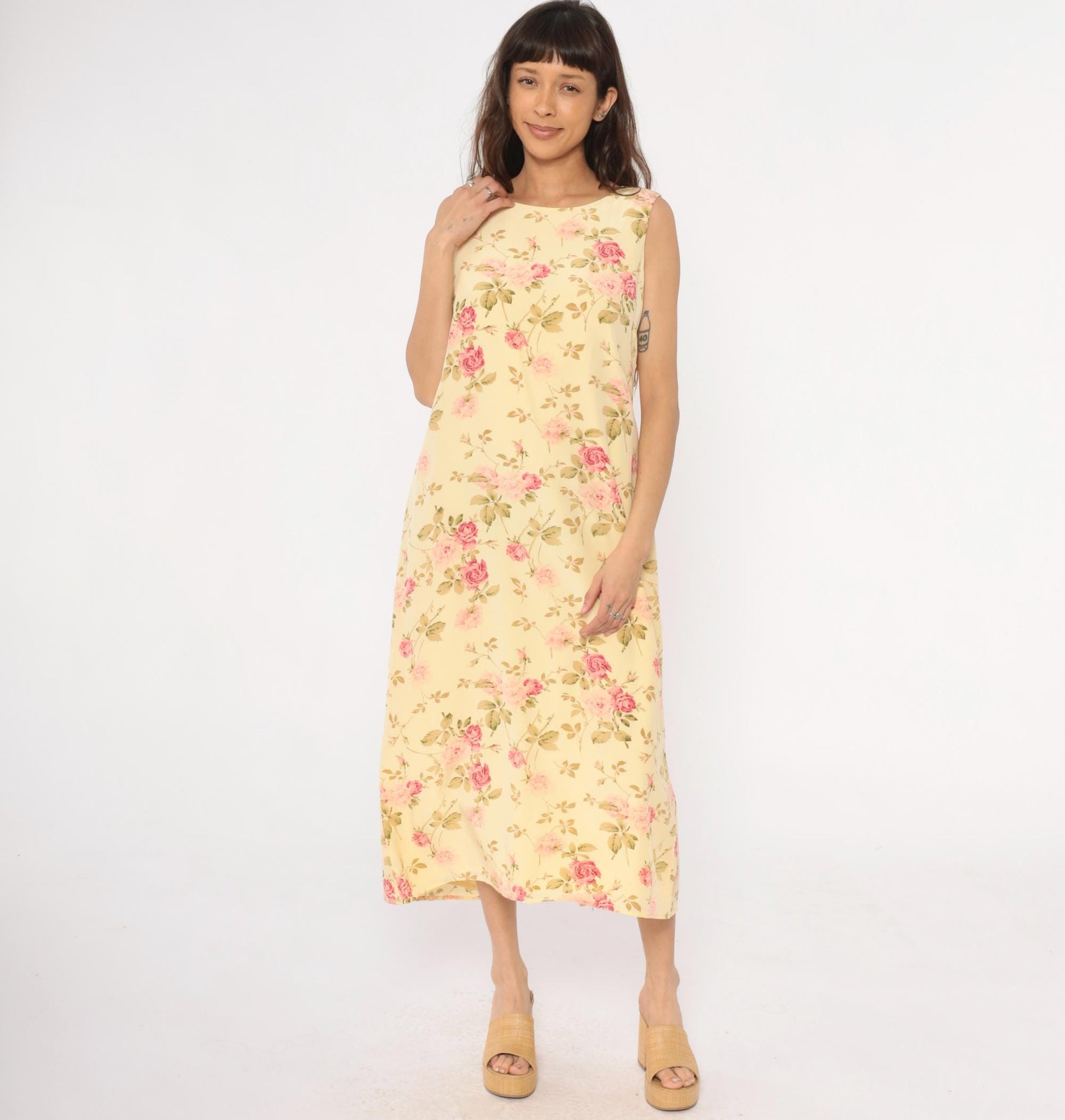 90s Silk Maxi Dress Yellow Floral Rose Print Shift Sleeveless Large L