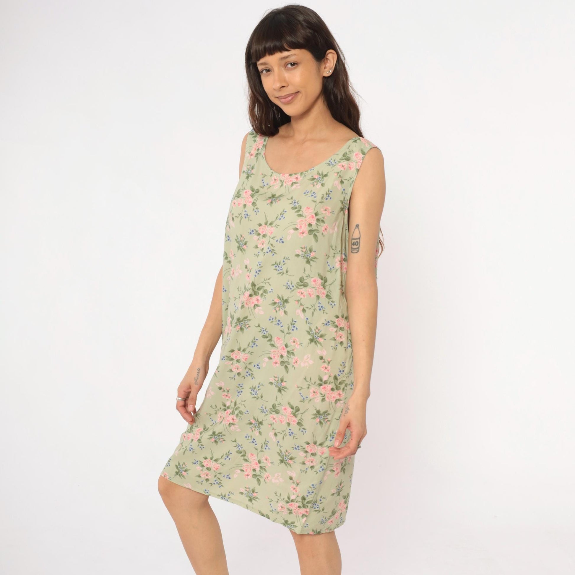 90s Lancaster Clothing Floral Shift Dress Sage Green Pink Roses Extra Large