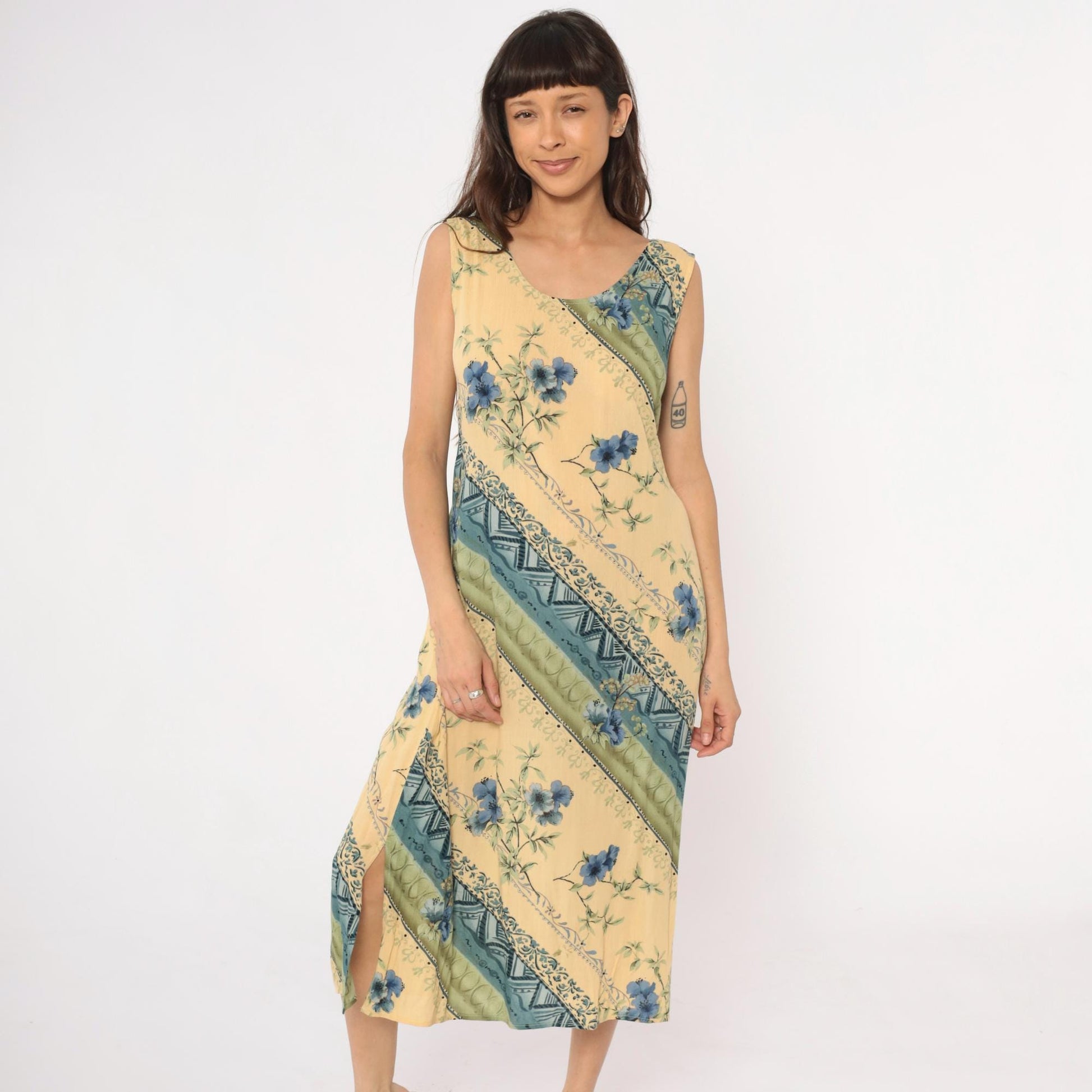90s R&K Originals Yellow Floral Midi Dress Diagonal Stripe Tie Waist Medium M