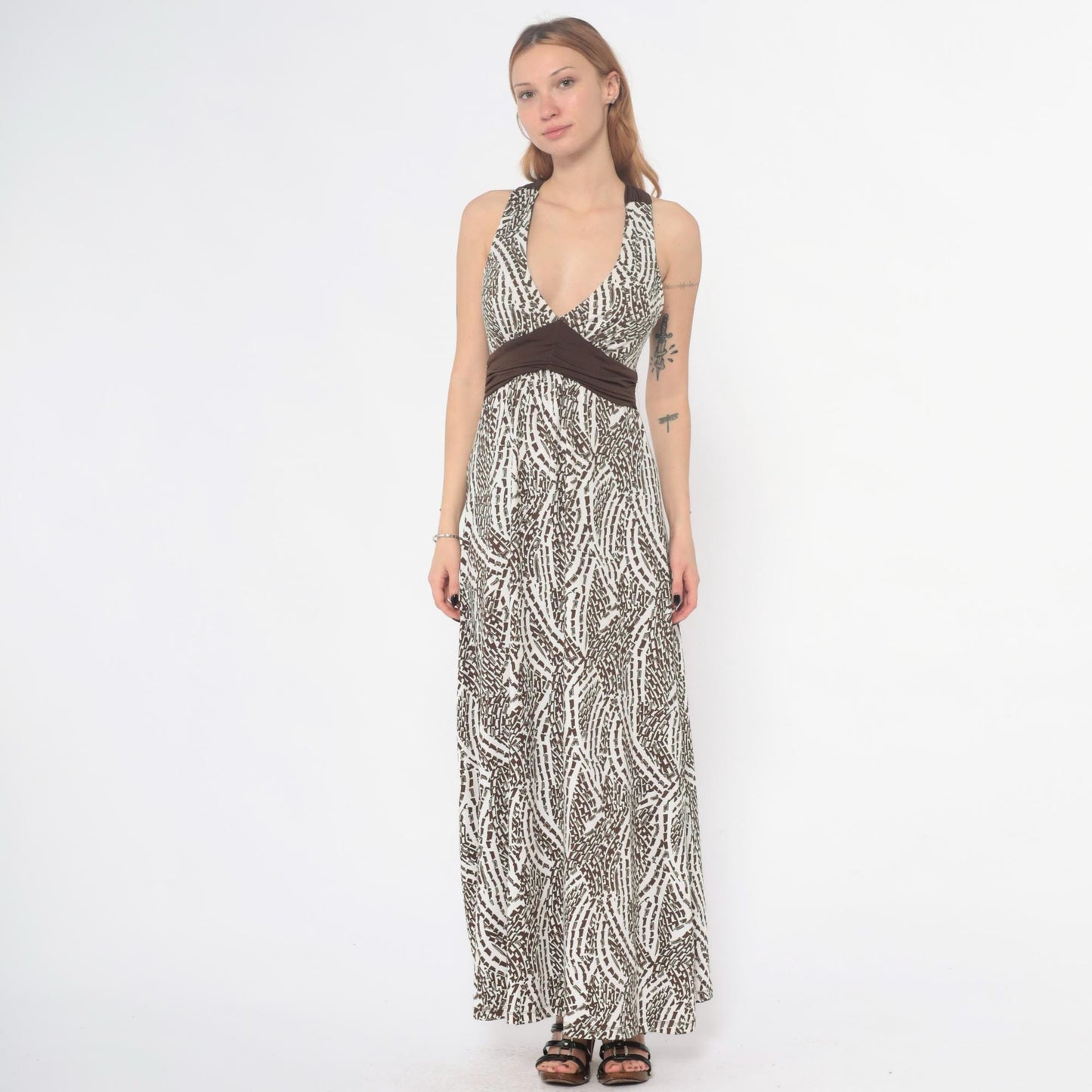 Y2K Hypnotik Halter Maxi Dress Brown Geometric Open Back Medium M