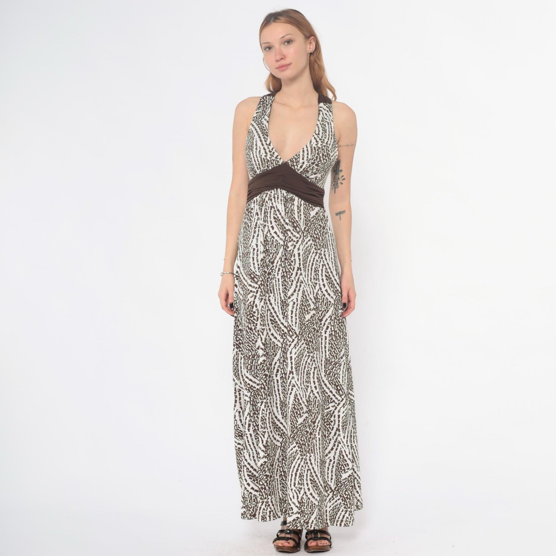 Y2K Hypnotik Halter Maxi Dress Brown Geometric Open Back Medium M