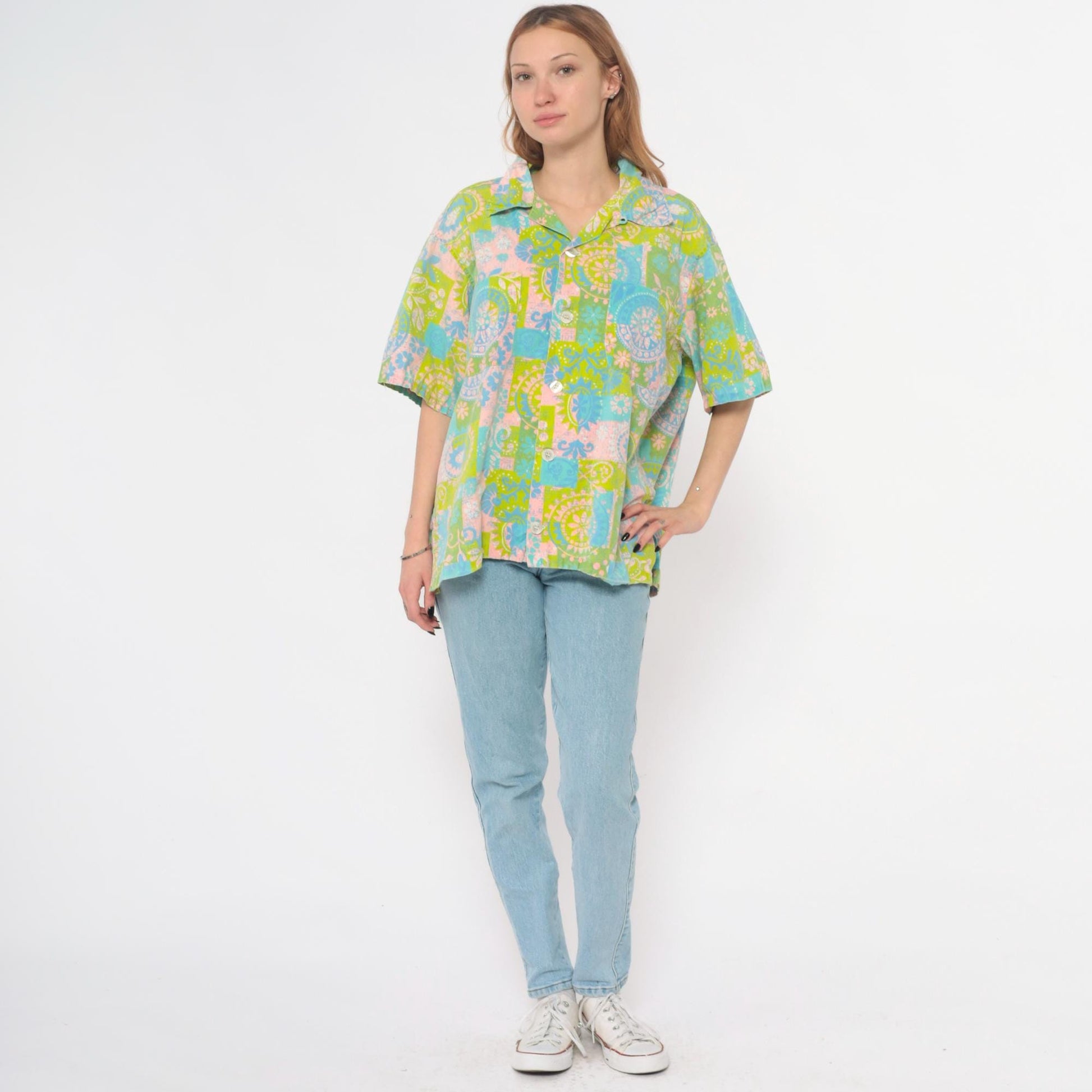 70s Paisley Patchwork Blouse Green Pink Blue Floral Button-Up Extra Large XL