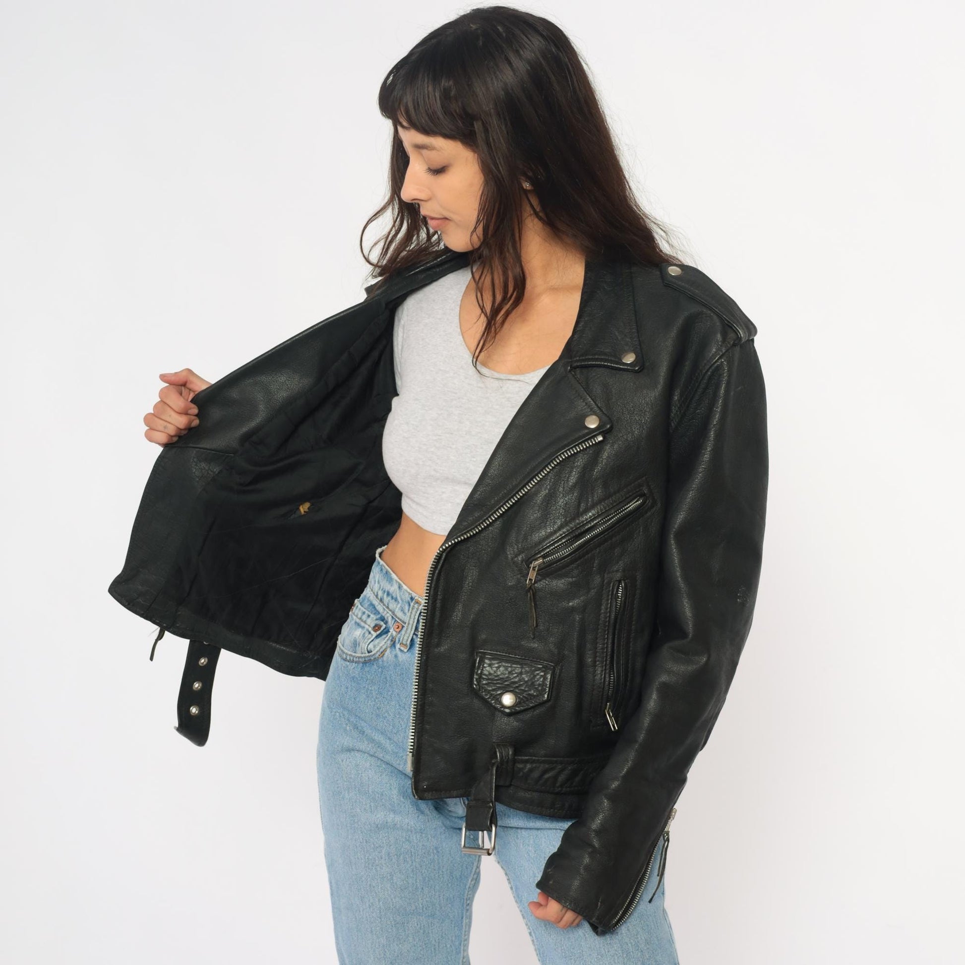 90s Wilsons Leather Black Motorcycle Jacket Belted Zip Silver Hardware Small S