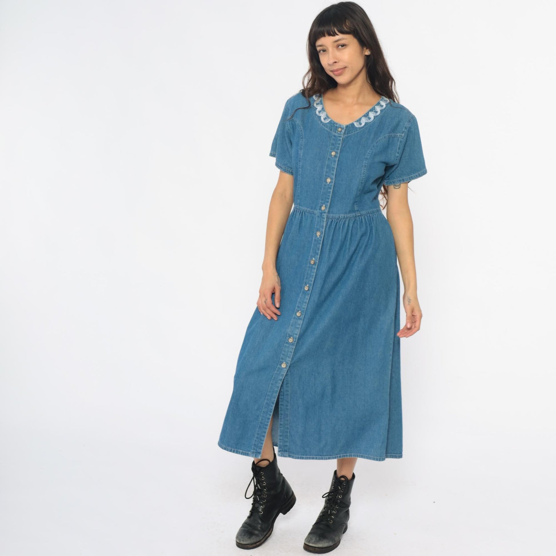 90s G.S. Denims Midi Dress Blue Embroidered Collar Gathered Waist Large L
