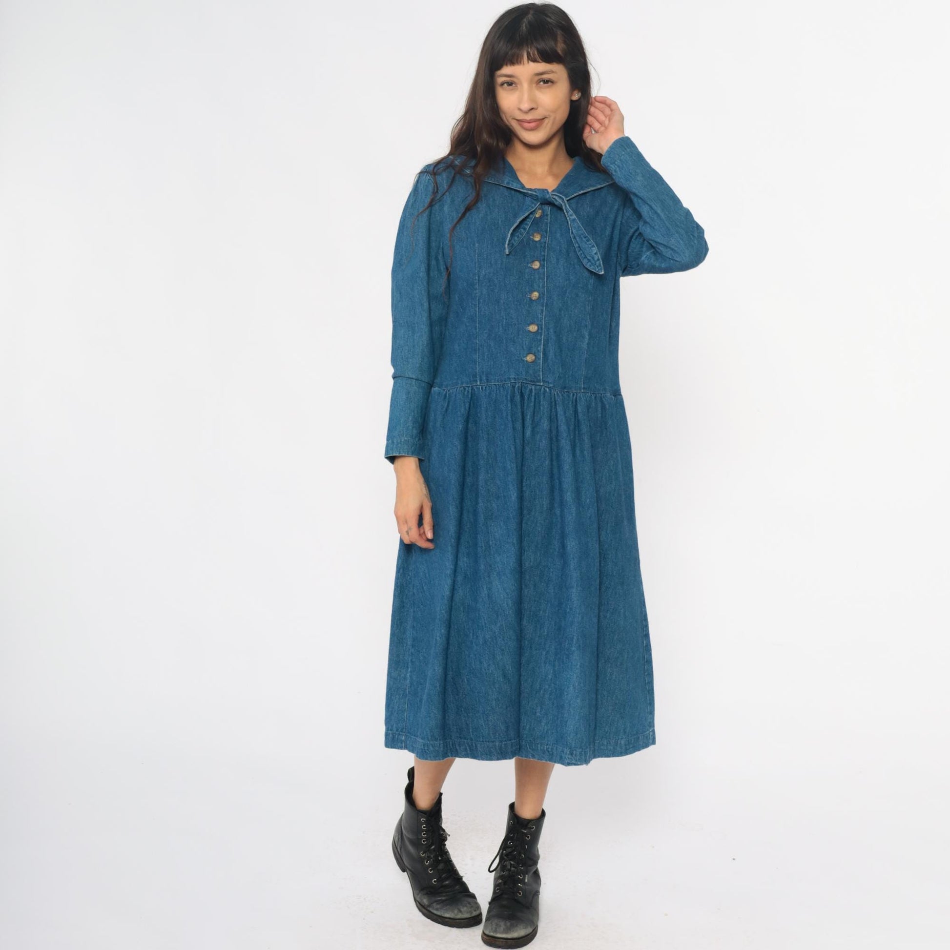 90s All Week Long Denim Shirtdress Blue Cotton Peter Pan Collar Medium