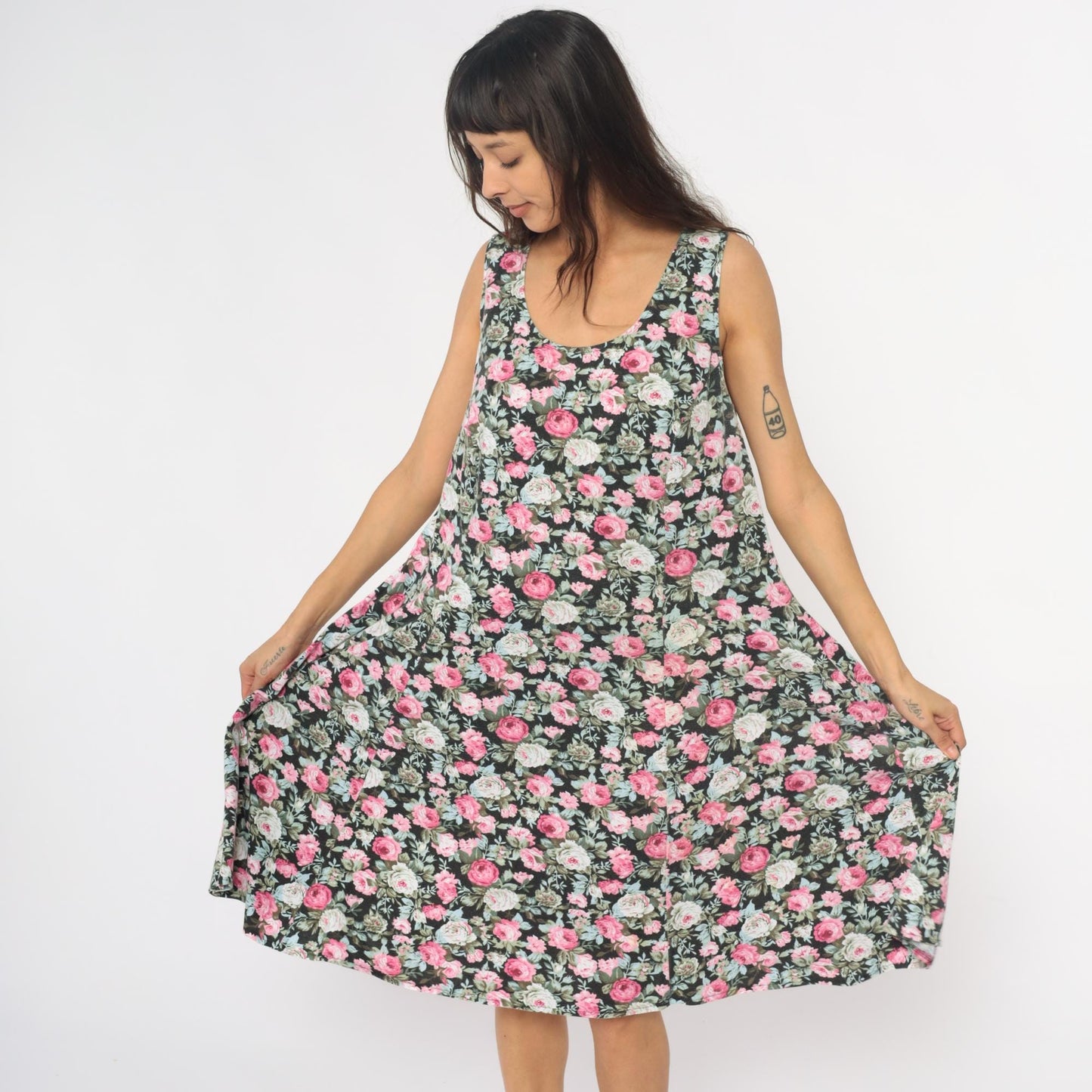 90s Lady Dorby Floral Dress Black Pink Rose Print Sleeveless Cutout Large