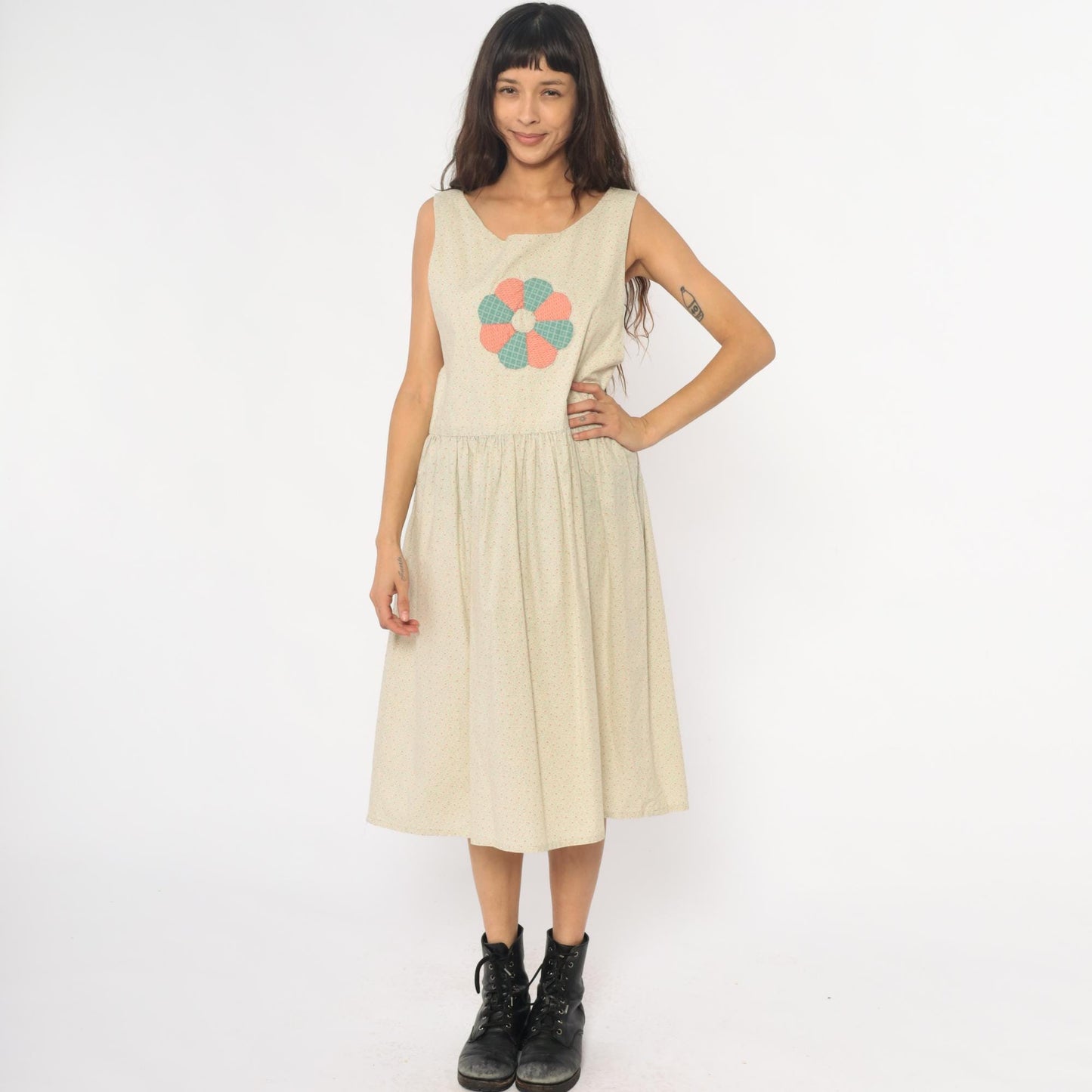 90s Cream Floral Appliqué Drop Waist Midi Dress Gathered Skirt Medium