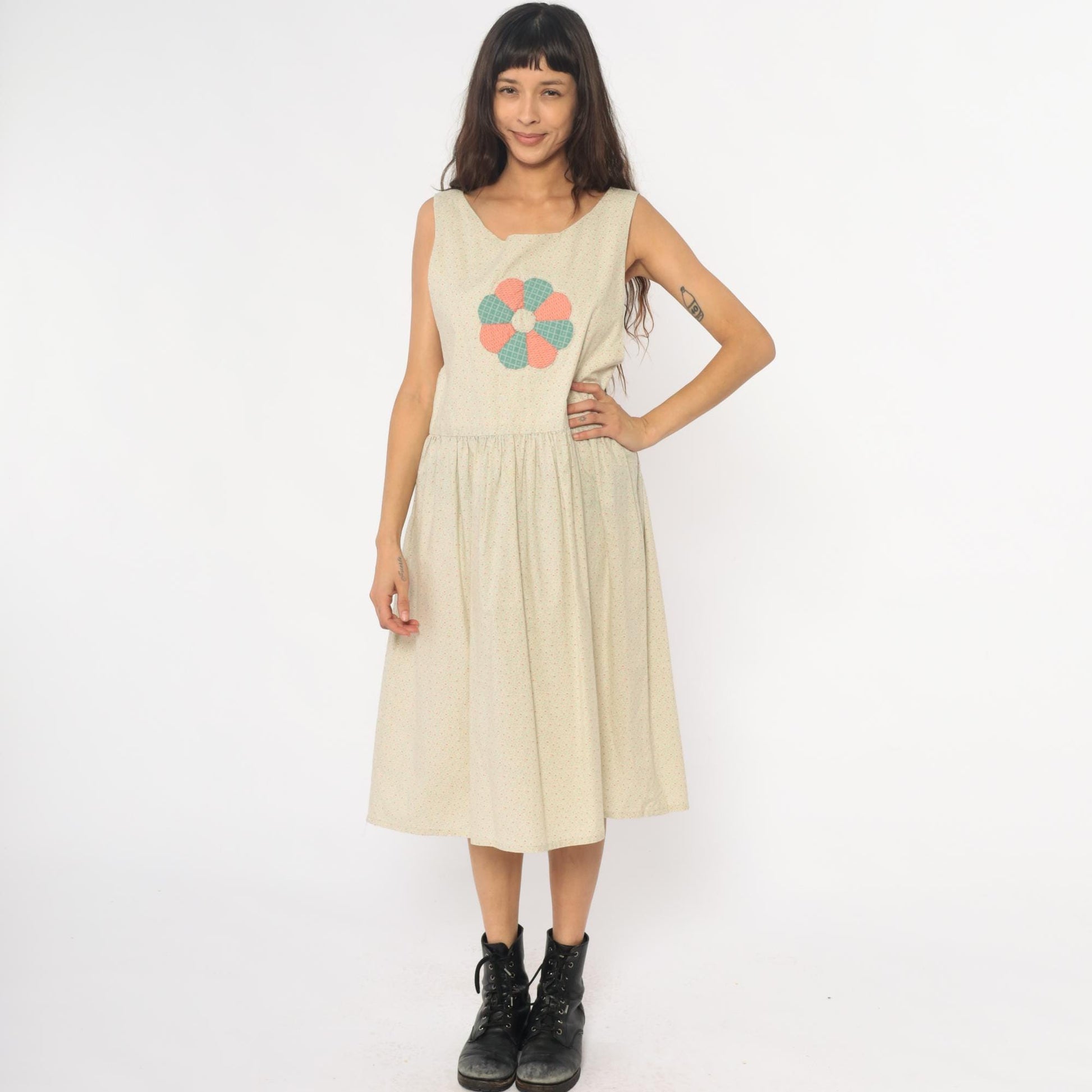90s Cream Floral Appliqué Drop Waist Midi Dress Gathered Skirt Medium