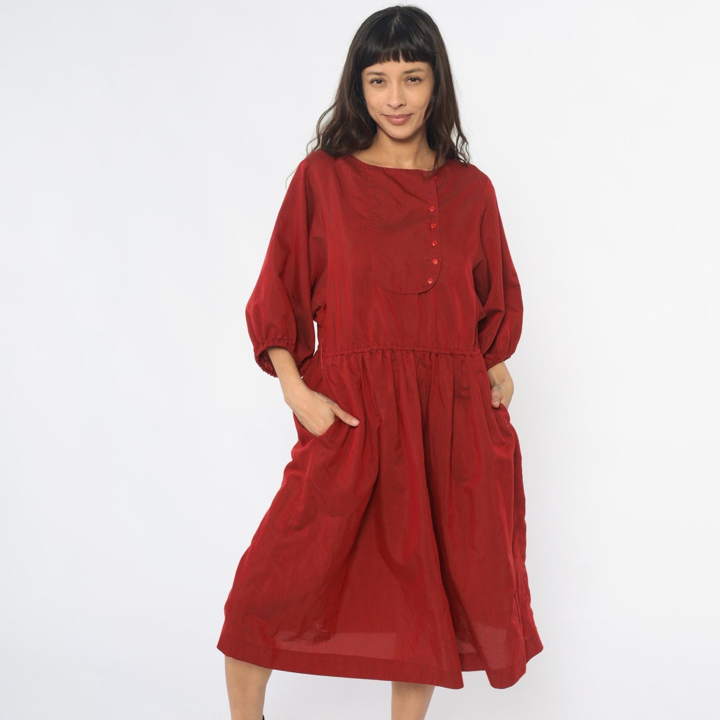 80s Burgundy Puff Sleeve Dress A-Line Gathered Waist Button Front Medium M