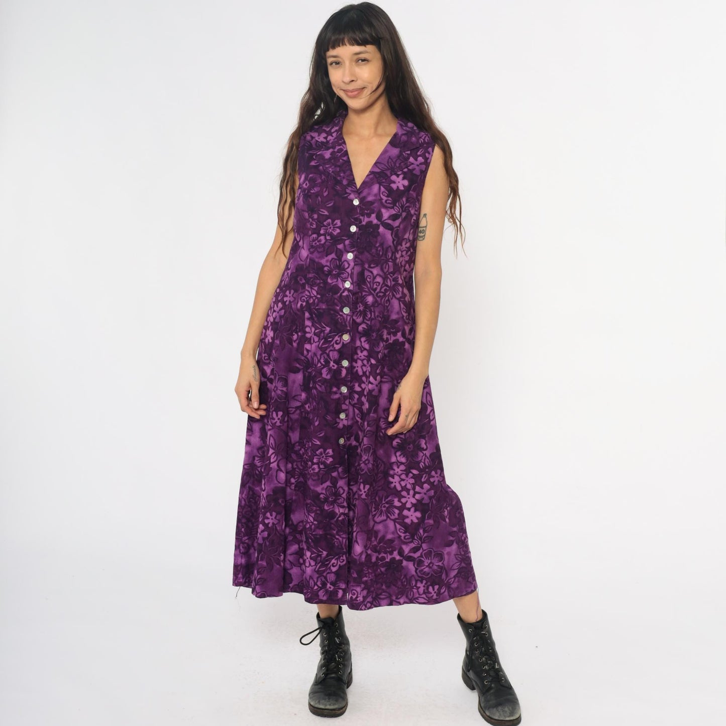 Y2K Coldwater Creek Purple Floral Linen Maxi Dress Button Front Large L