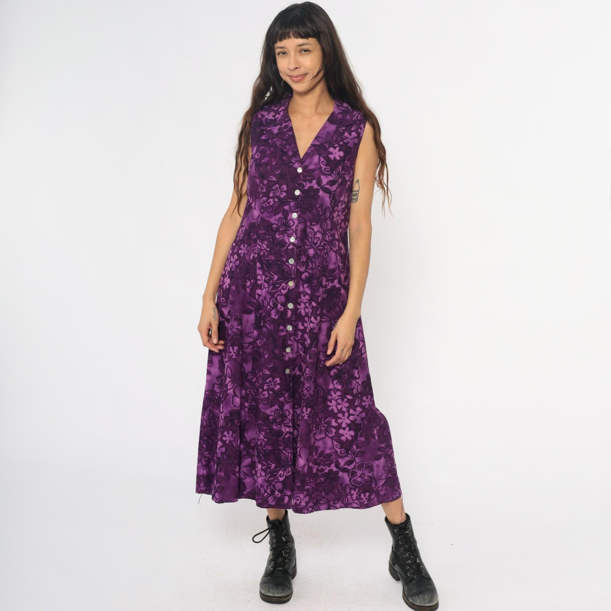 Y2K Coldwater Creek Purple Floral Linen Maxi Dress Button Front Large L