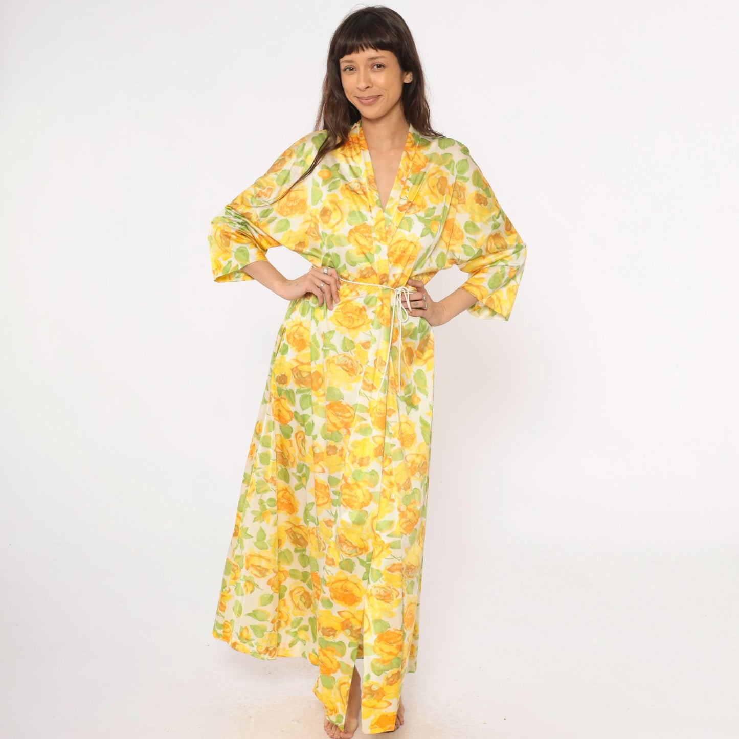 80s Vanity Fair Yellow Rose Floral Robe Maxi Duster Shawl Collar Medium