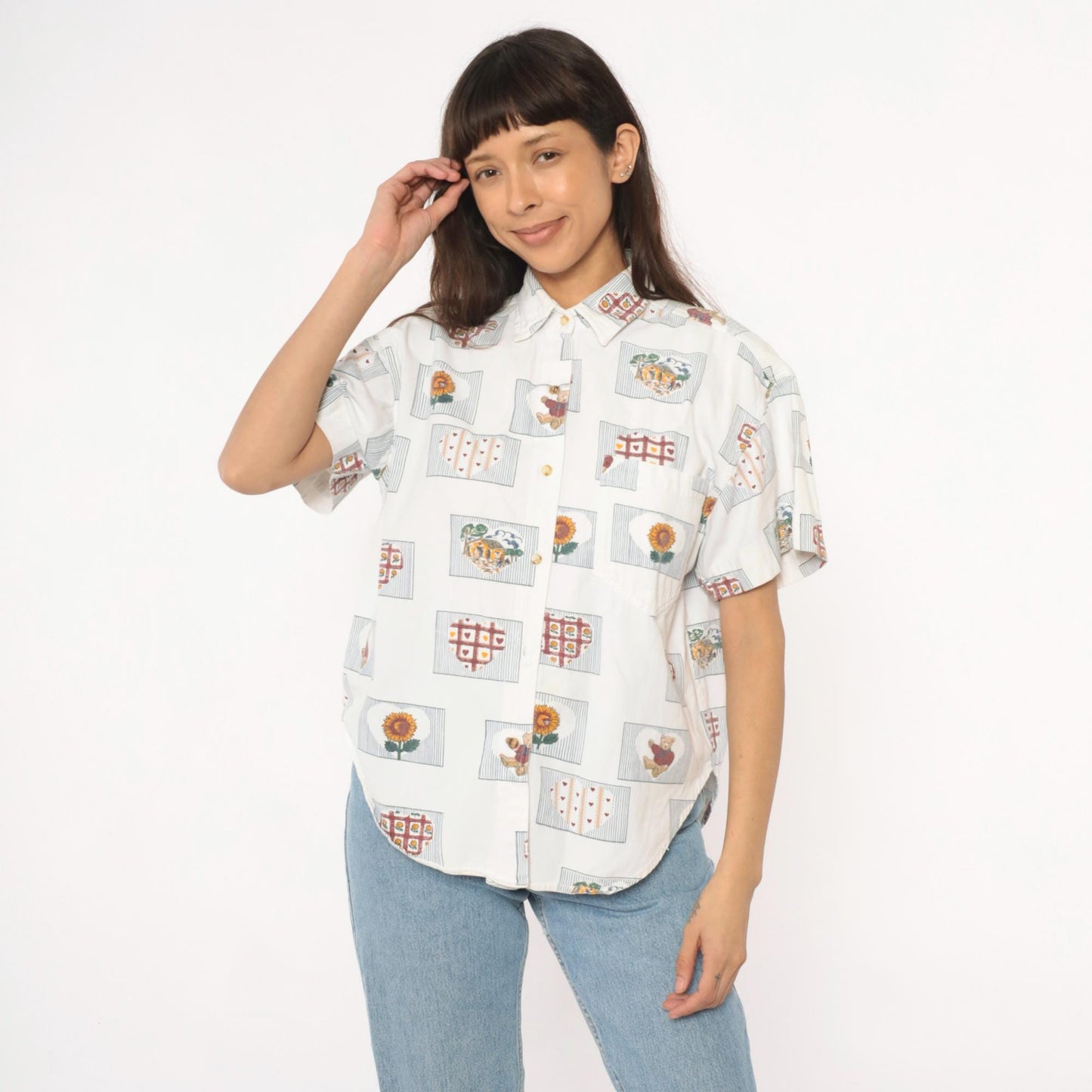 90s Cream Cotton Button-Up Shirt Sunflower Teddy Bear Heart Print Large L