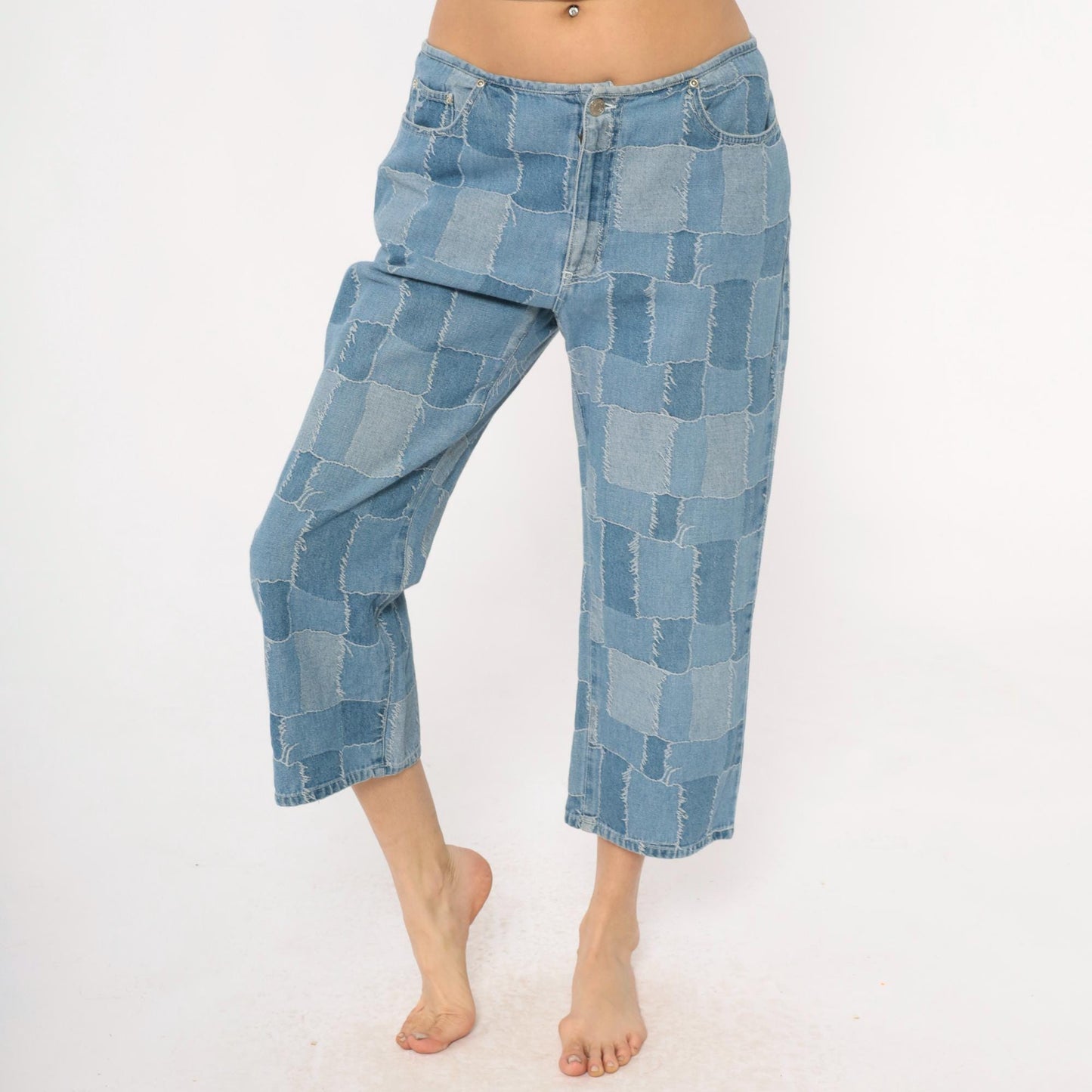 Y2K Carolina Blues Patchwork Denim Jeans Cropped Light Blue Medium M