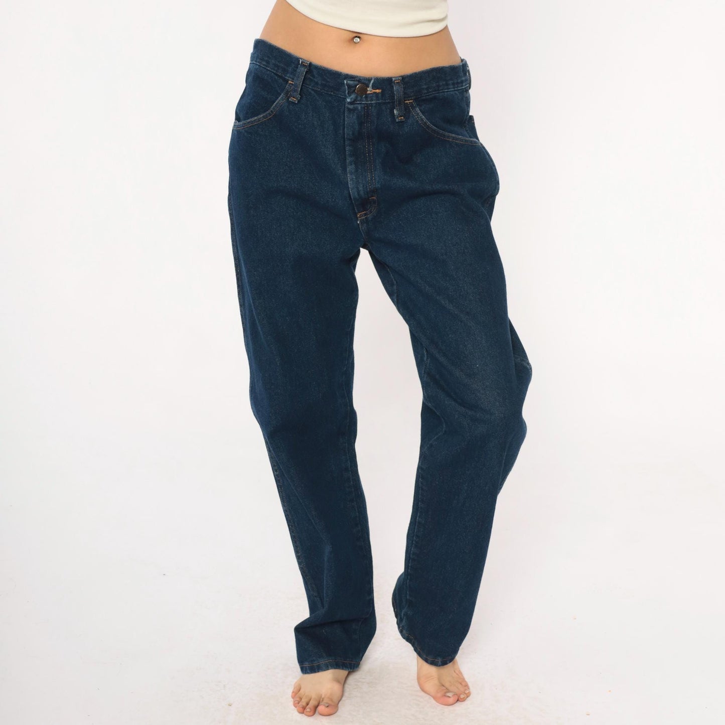 90s Rustler Dark Denim High Rise Straight Leg Jeans Navy Blue 34W