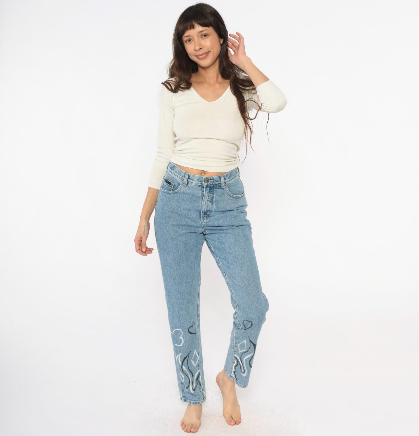 Y2K Light Wash Flame Painted Jeans High Waisted Straight Leg Size 6