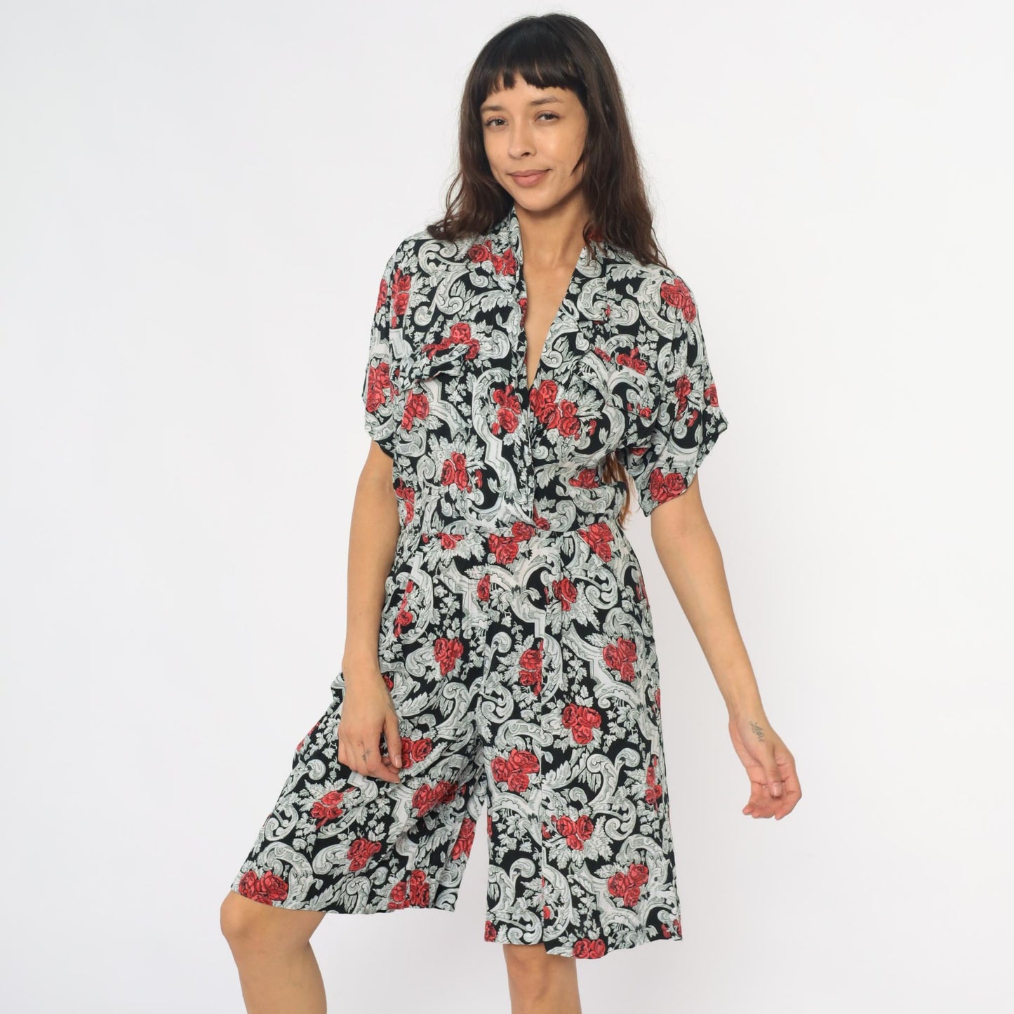 90s Floral Rayon Romper Black Red Rose Baroque Scrollwork Wide Leg Medium M