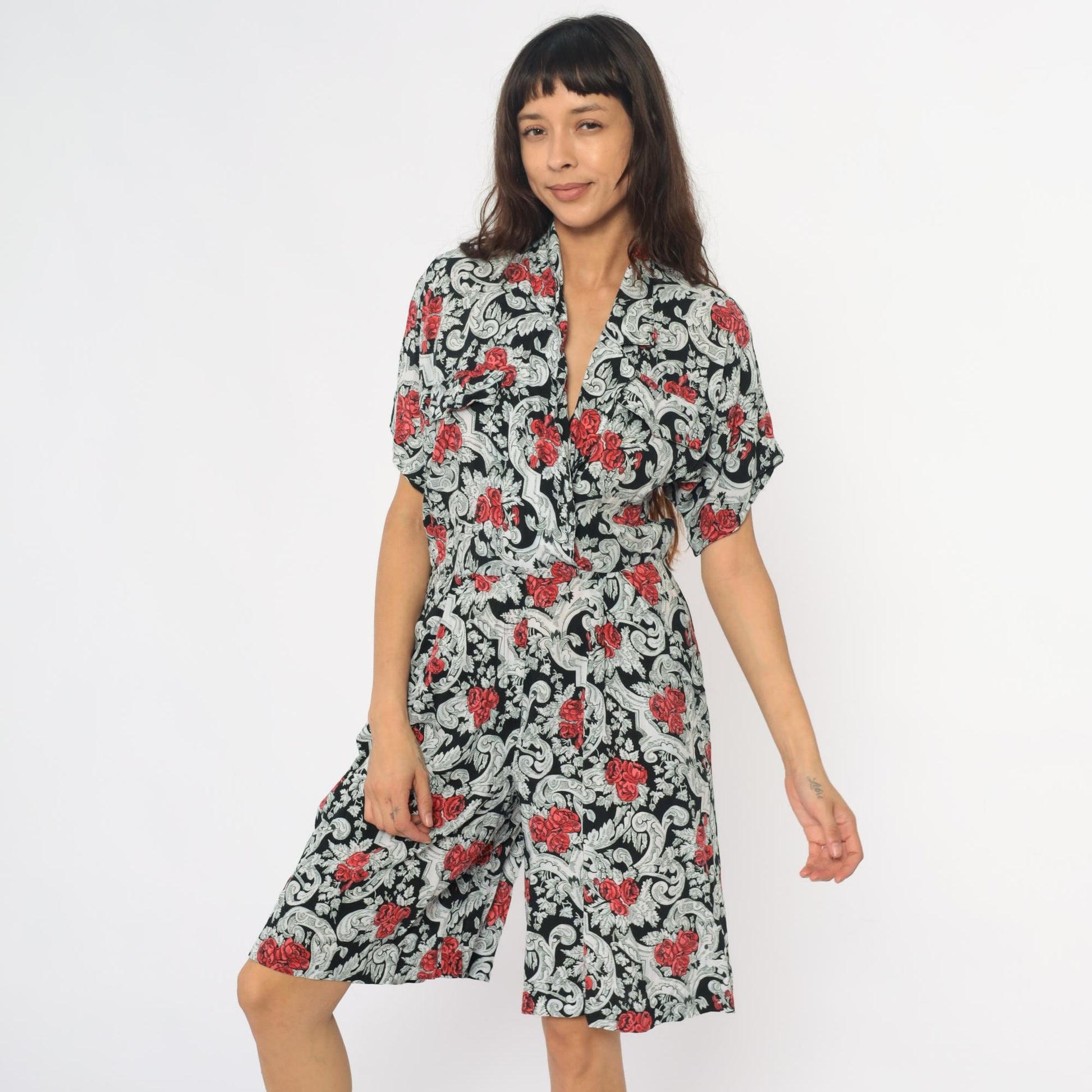 90s Floral Rayon Romper Black Red Rose Baroque Scrollwork Wide Leg Medium M