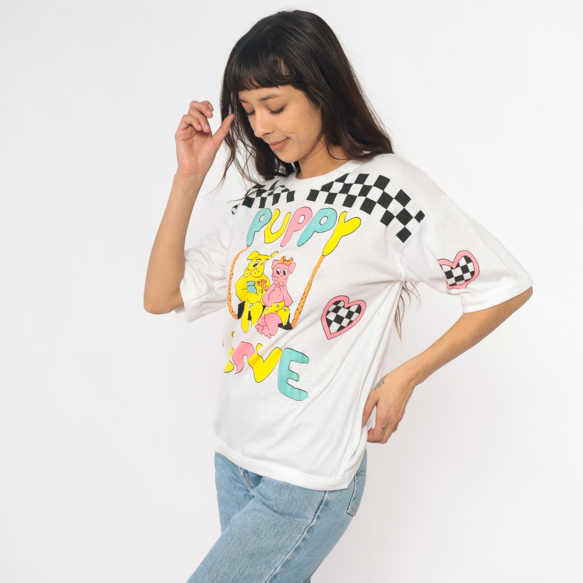 90s Puppy Love Graphic T-Shirt White Checkered Hearts Dogs Medium M