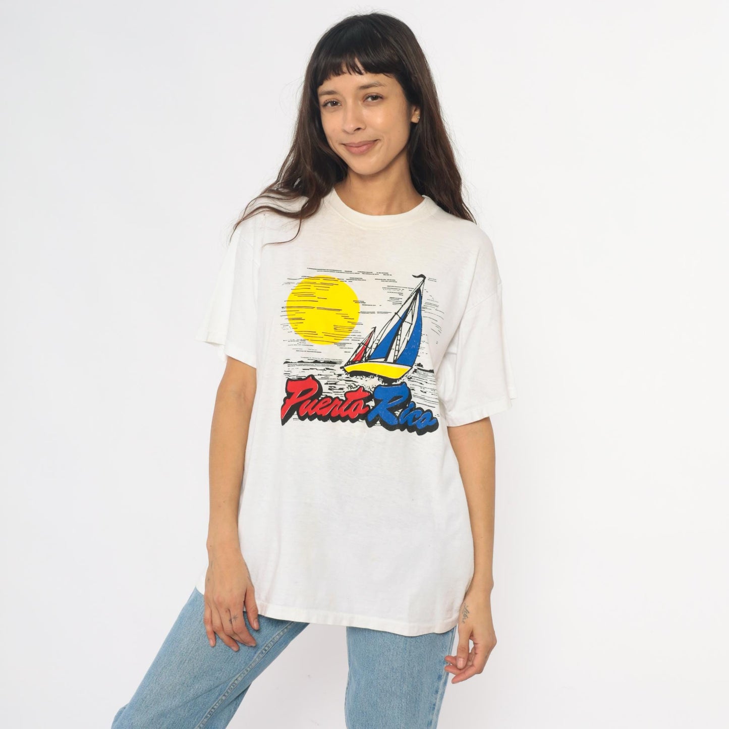 90s Puerto Rico Sailboat Graphic T-Shirt White Cotton Crew Neck Large