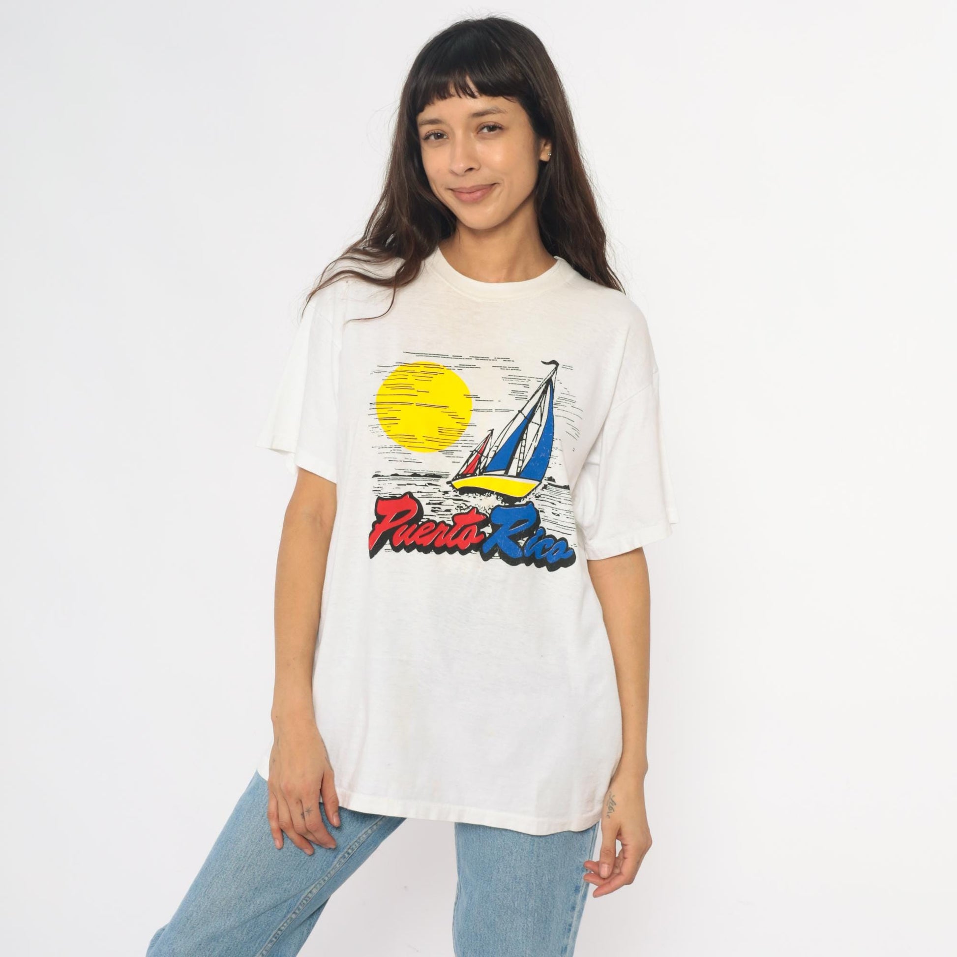 90s Puerto Rico Sailboat Graphic T-Shirt White Cotton Crew Neck Large