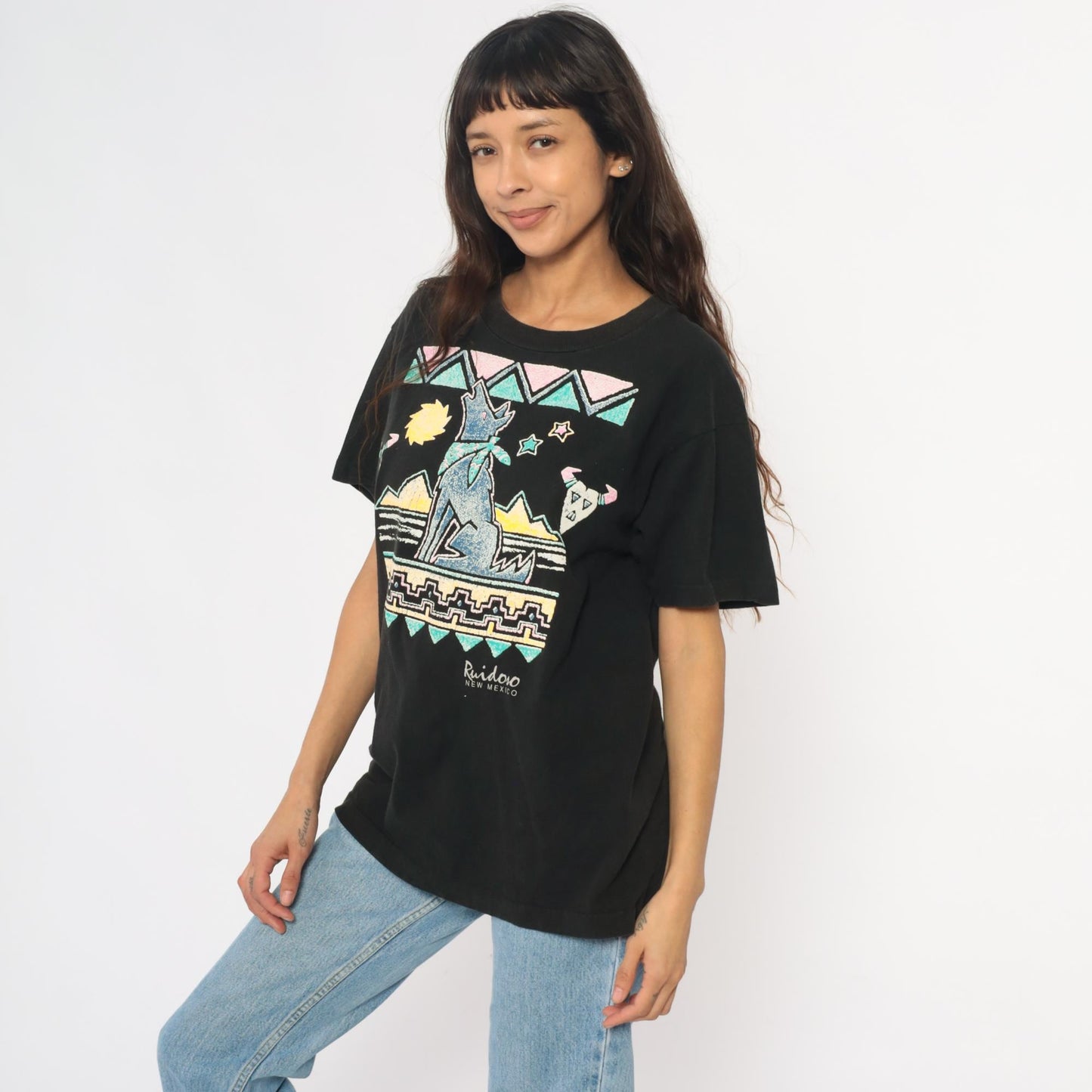90s Ruidoso New Mexico Southwestern Coyote Graphic Tee Black Cotton Large L