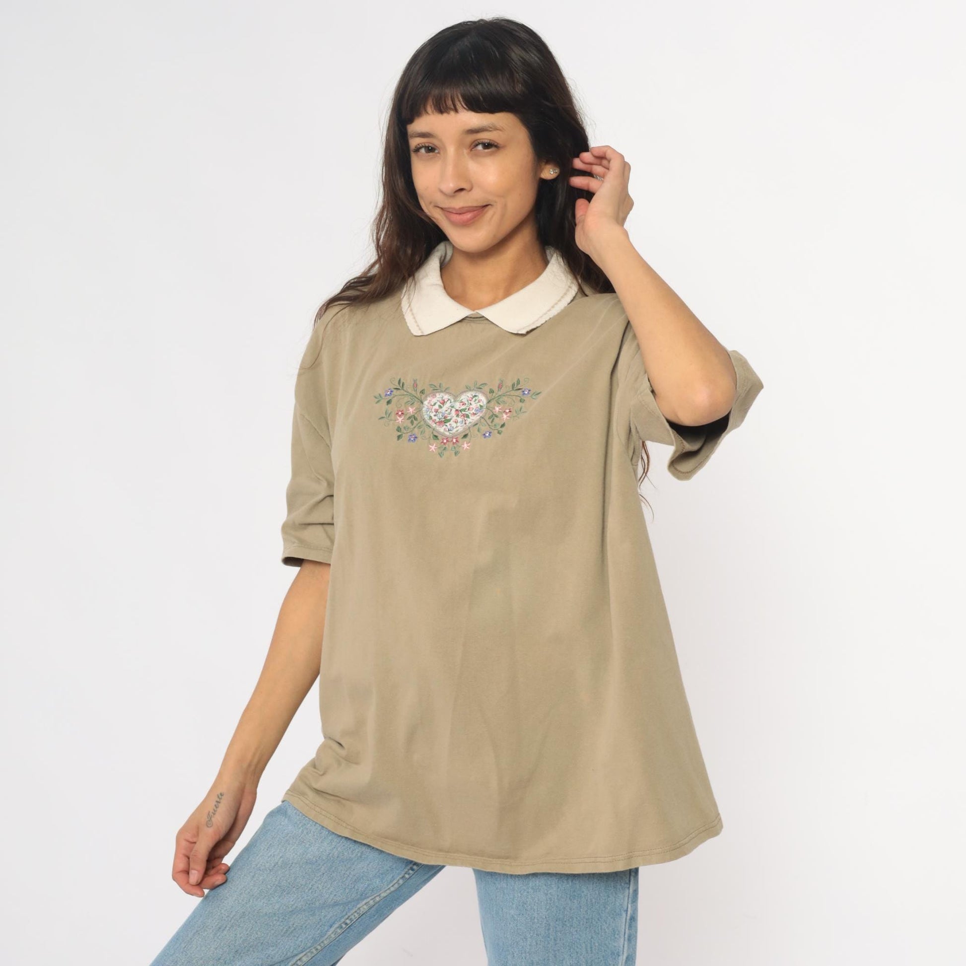 90s Embroidered Floral Heart Polo Shirt Tan Cotton Peter Pan Collar Extra Large