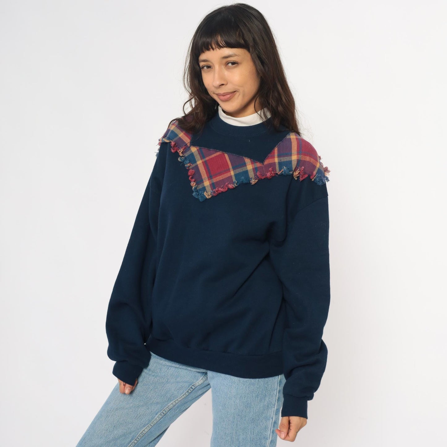 90s Jerzees Navy Plaid Yoke Sweatshirt Burgundy Teal Frayed Crewneck Extra Large XXL
