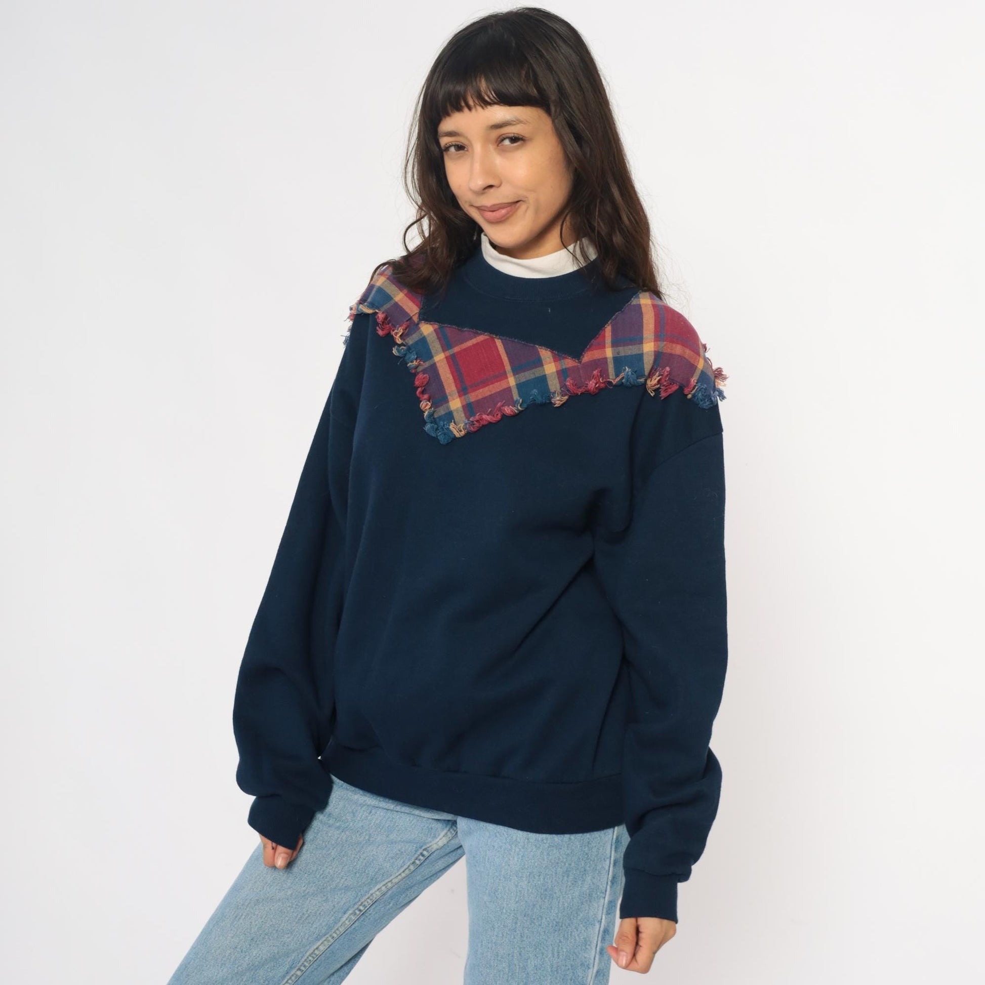 90s Jerzees Navy Plaid Yoke Sweatshirt Burgundy Teal Frayed Crewneck Extra Large XXL