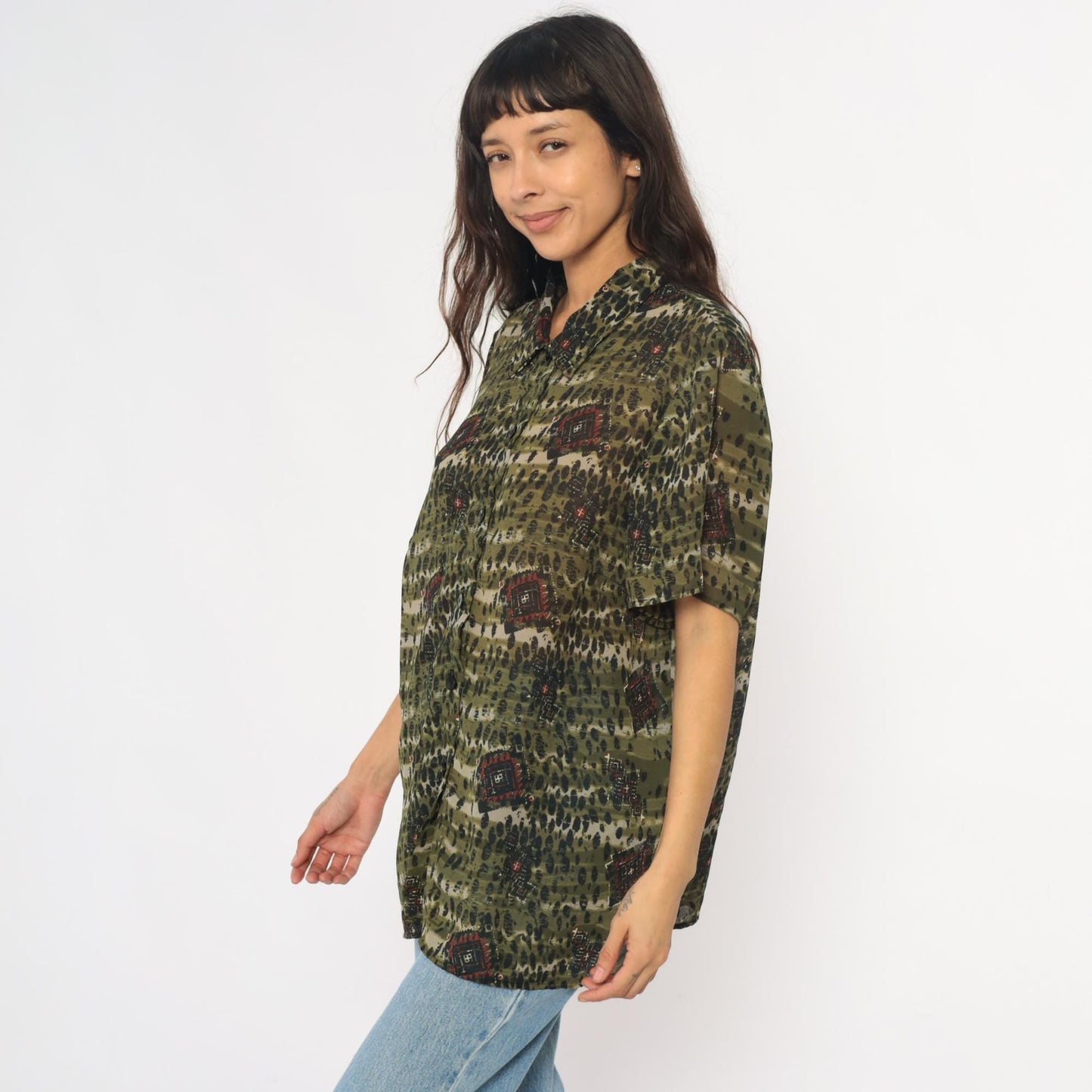 90s Olive Green Leopard Spot Button-Up Blouse Geometric Print Extra Large XL