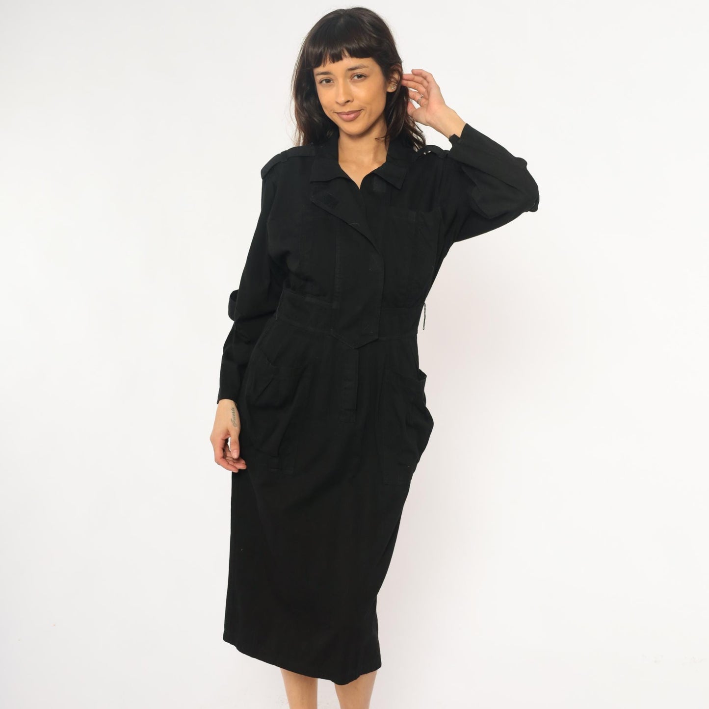 90s D Franke Black Trench Coat Dress Belted Midi Notched Collar Medium