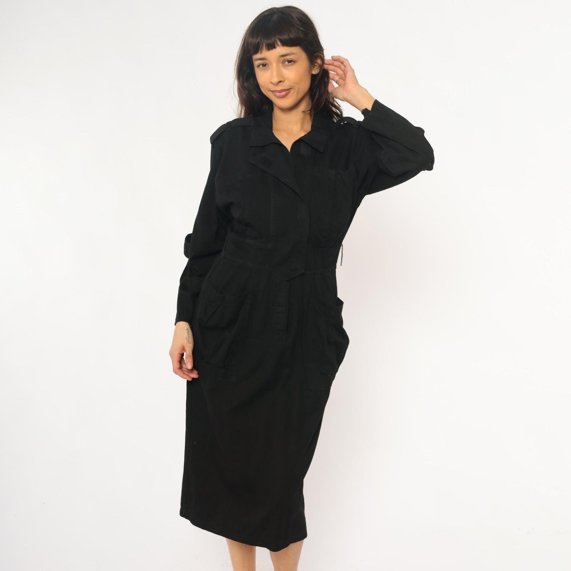 90s D Franke Black Trench Coat Dress Belted Midi Notched Collar Medium