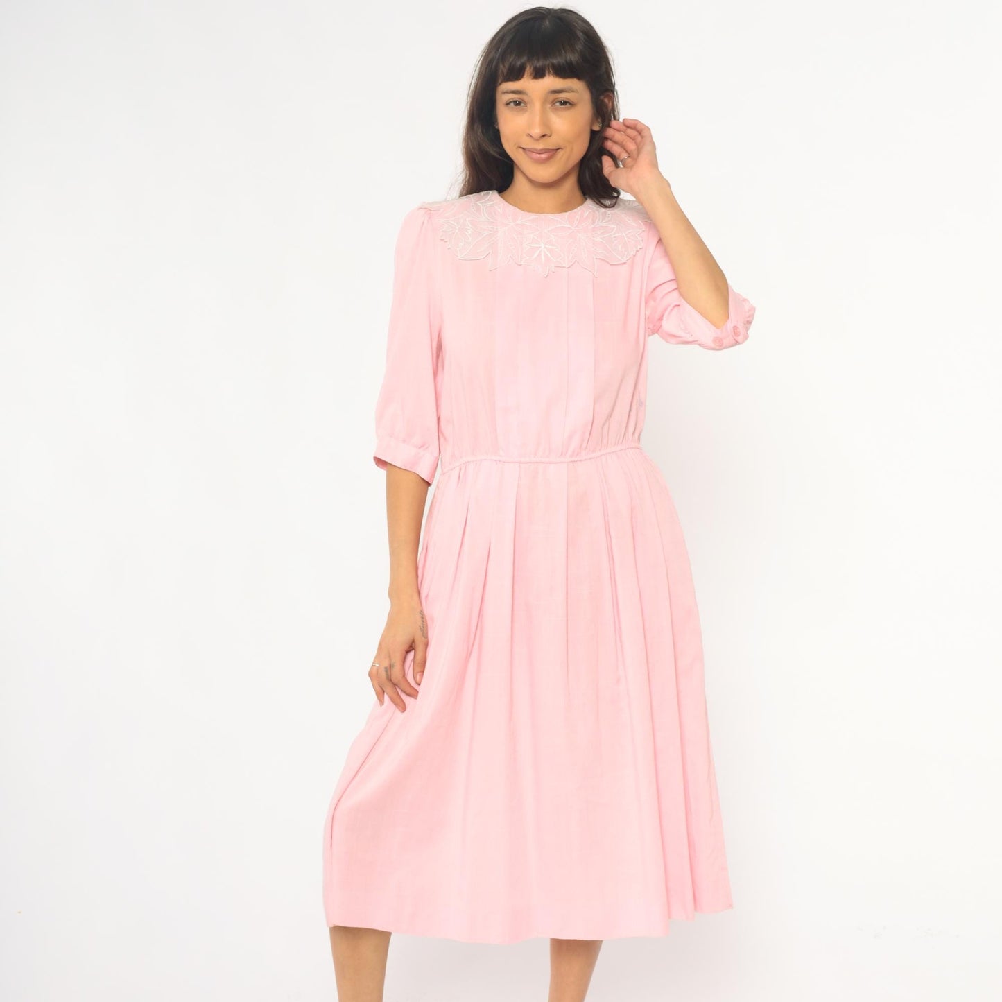 90s Blush Pink Midi Dress Embroidered Floral Collar Puff Sleeve Medium
