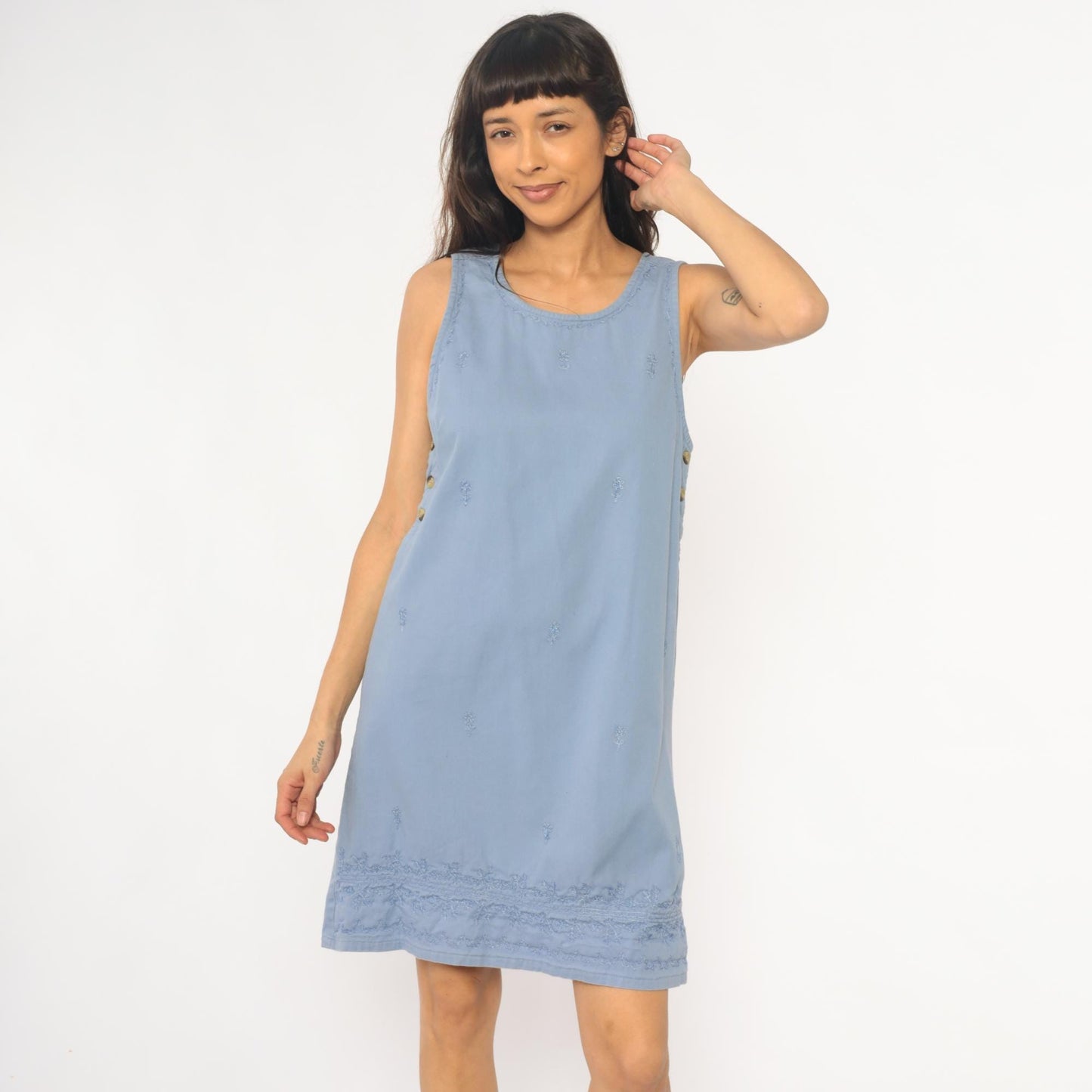 90s Basic Editions Powder Blue Cotton Shift Dress Floral Embroidered Small S