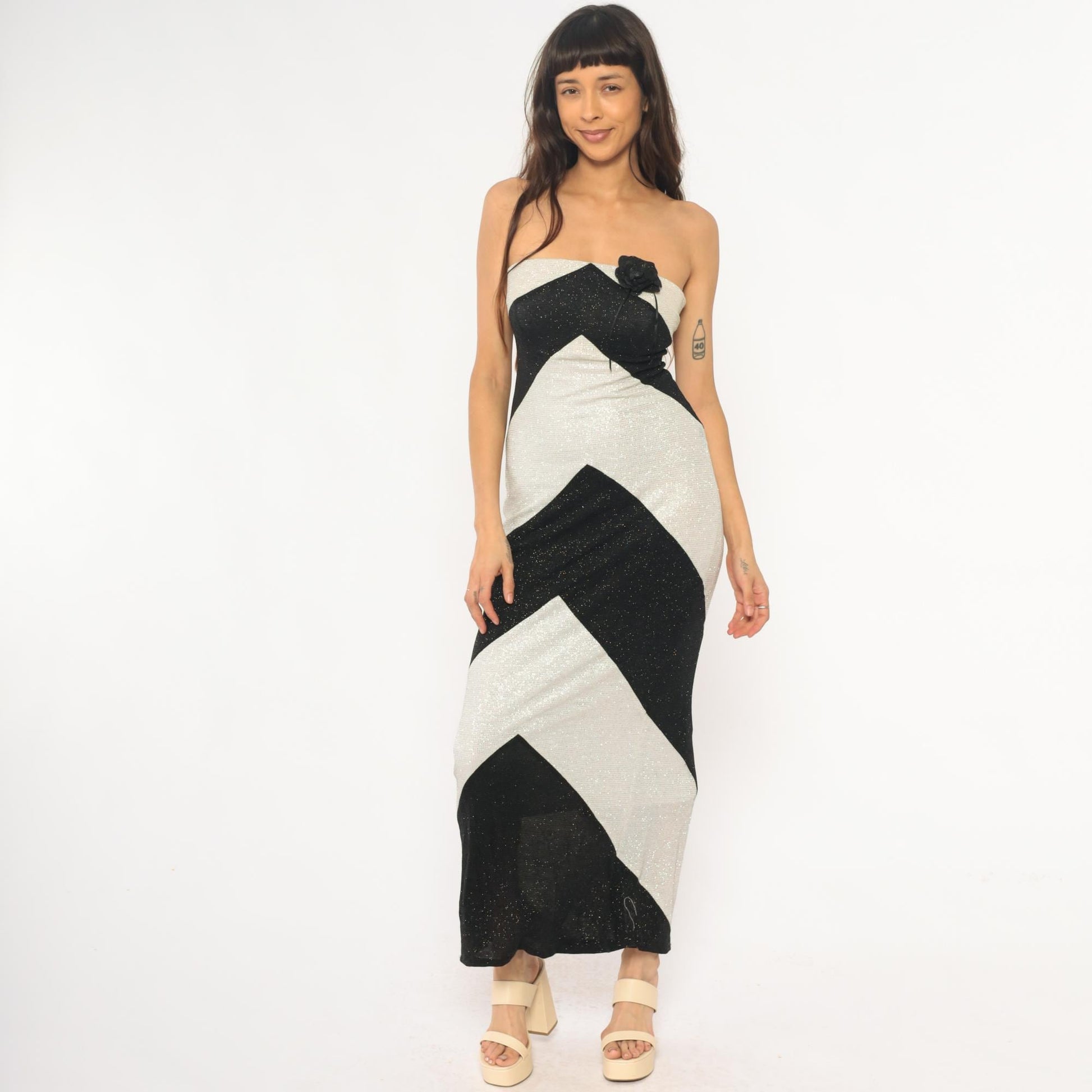 Y2K Pontic Prince Chevron Maxi Dress Black Cream Metallic Strapless Small
