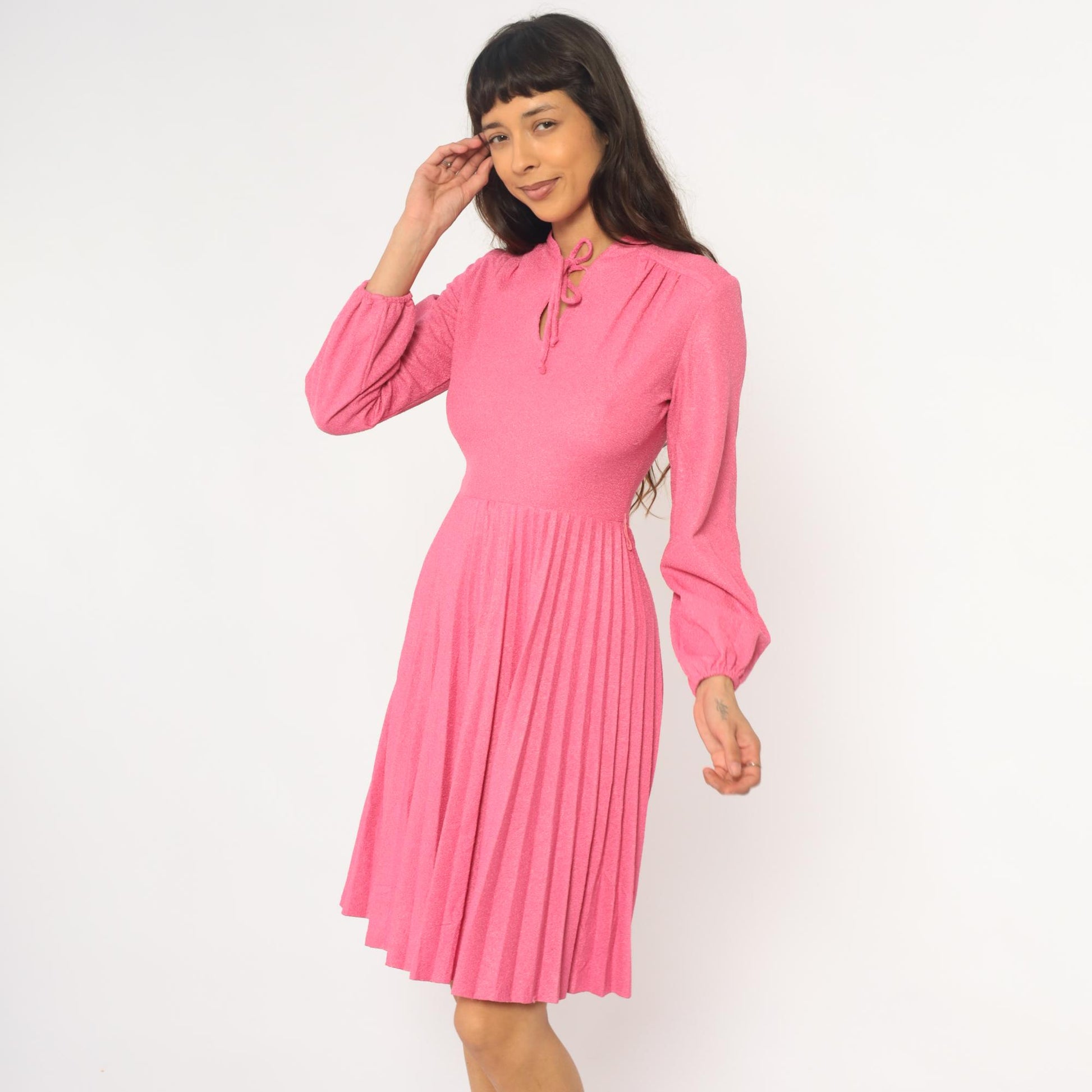 70s Hot Pink Midi Dress Mock Neck Pleated Skirt Bishop Sleeve Extra Small XS