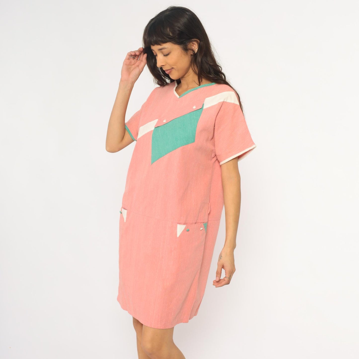 90s Colorblock Shift Dress Coral Pink Teal Geometric Pockets Knee Length Large L