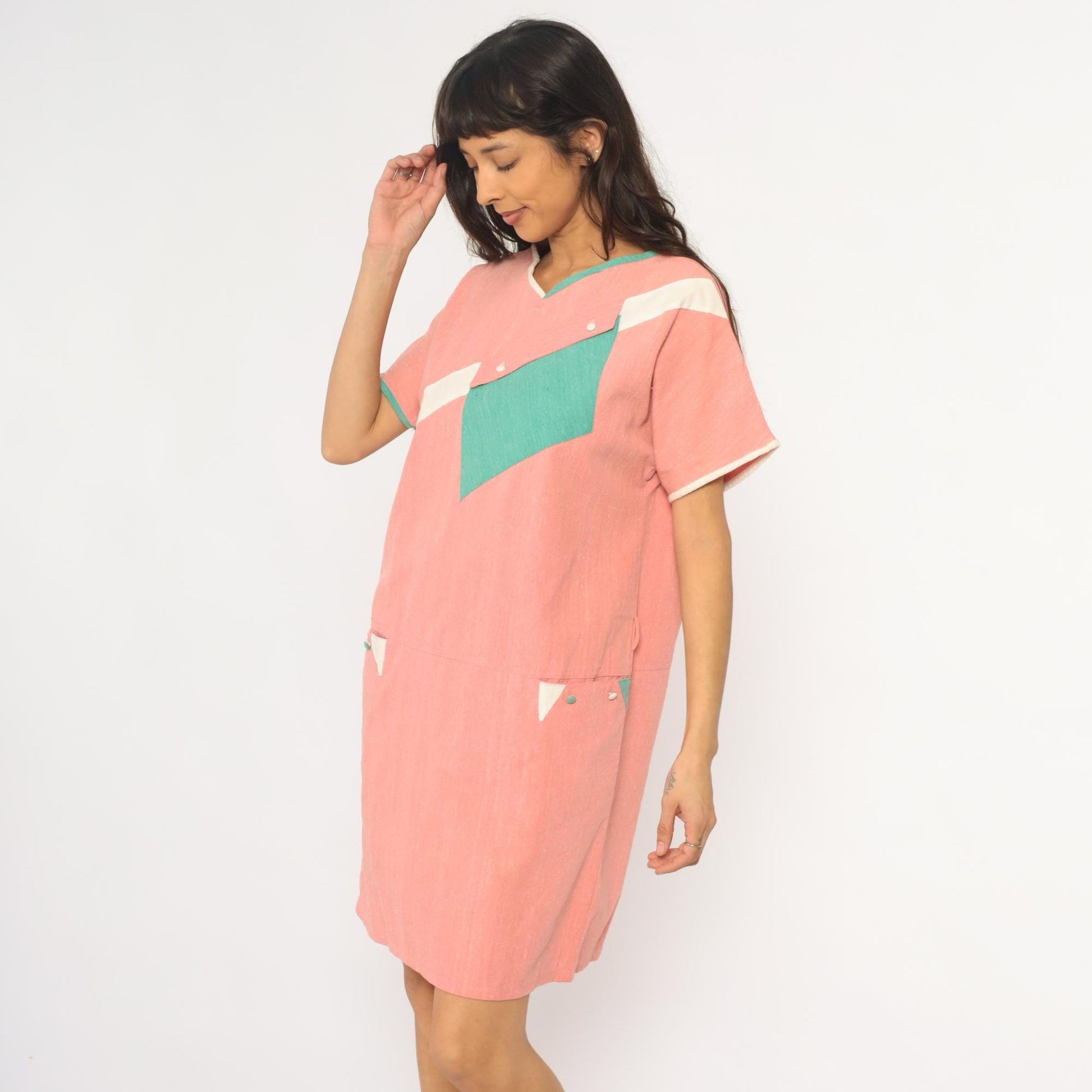 90s Colorblock Shift Dress Coral Pink Teal Geometric Pockets Knee Length Large L