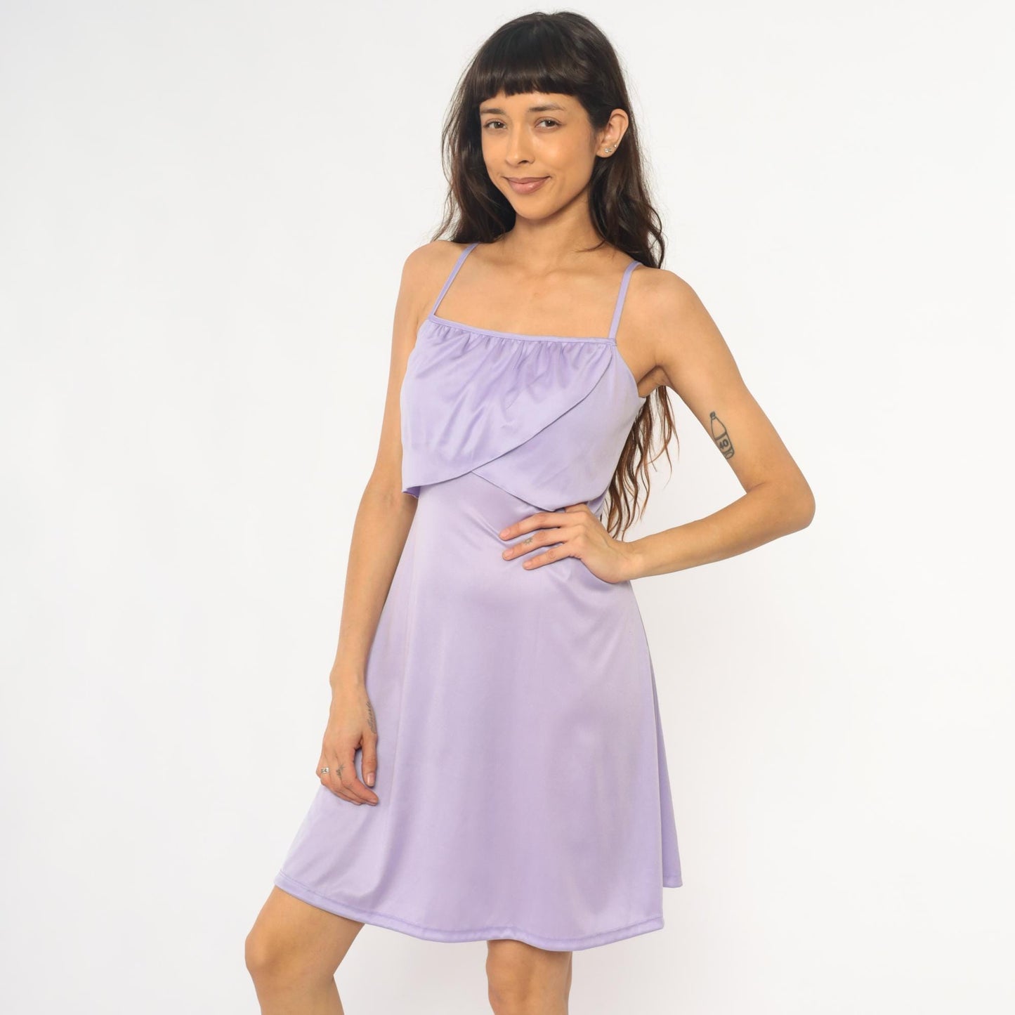 70s Lavender Spaghetti Strap Slip Dress Gathered Bodice Knee Length Extra Small XS