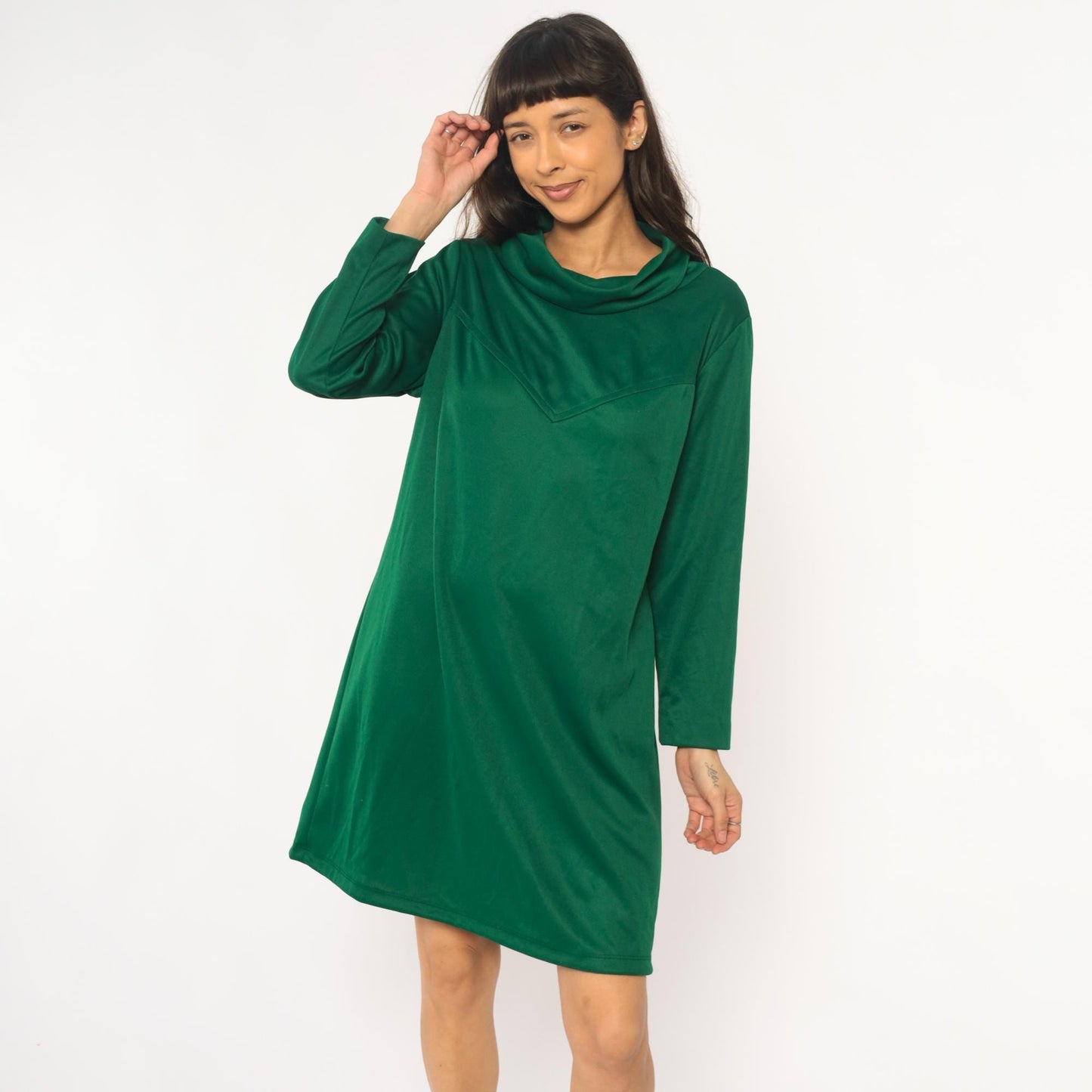 70s Sears Green Velvet Cowl Neck Dress Chevron Knee-Length Extra Large