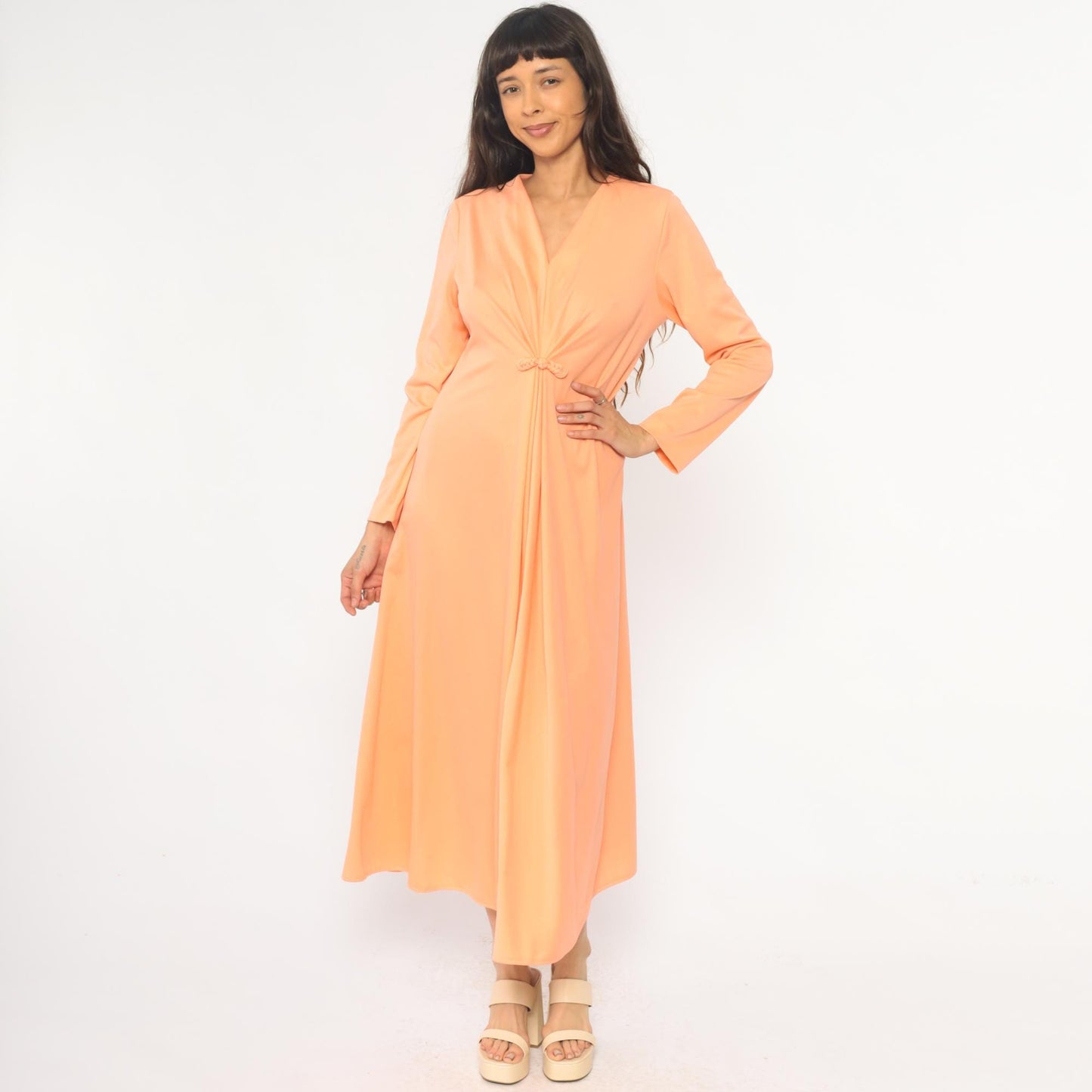70s Lily Lynn Peach Maxi Dress Long Sleeve V-Neck Wrap Bodice Medium