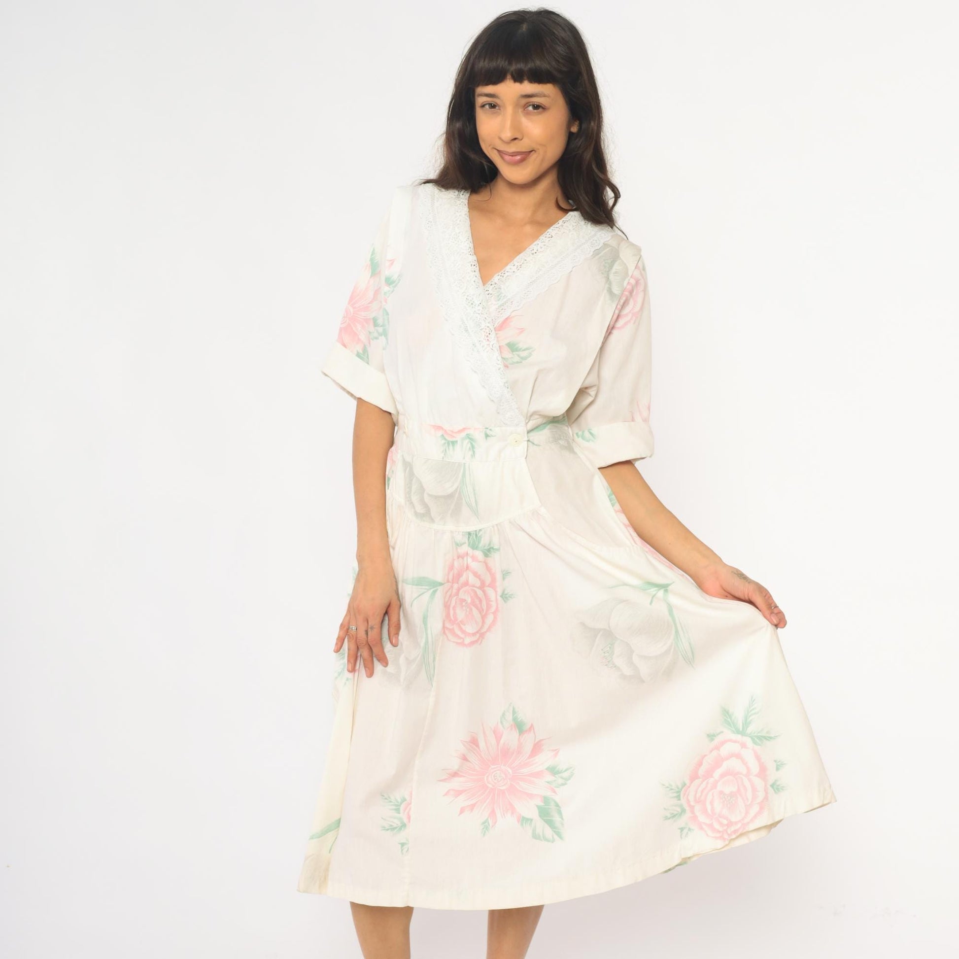 80s Floral Midi Dress Cream Pink Rose Print Cotton Eyelet Lace Medium