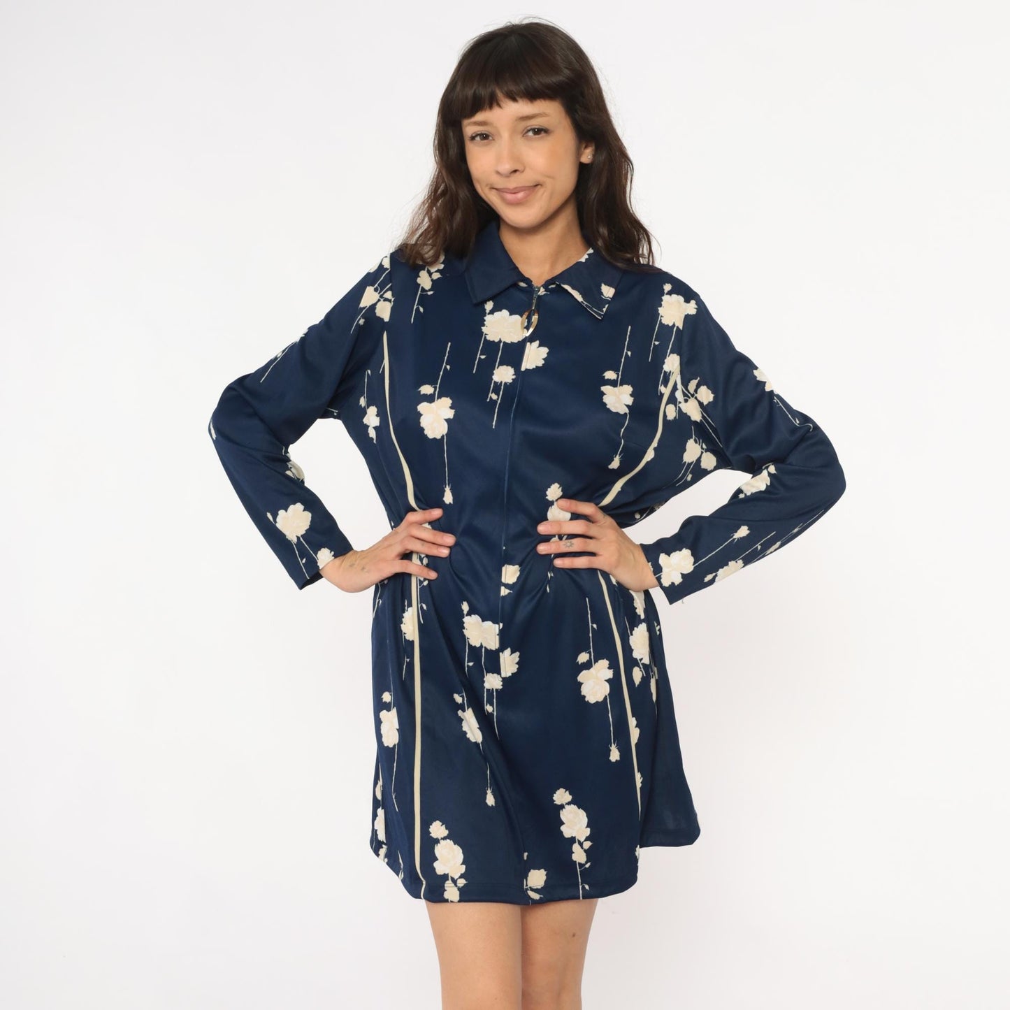70s Lorac Floral Shirt Dress Dark Blue Cream Pointed Collar Knee Length Medium