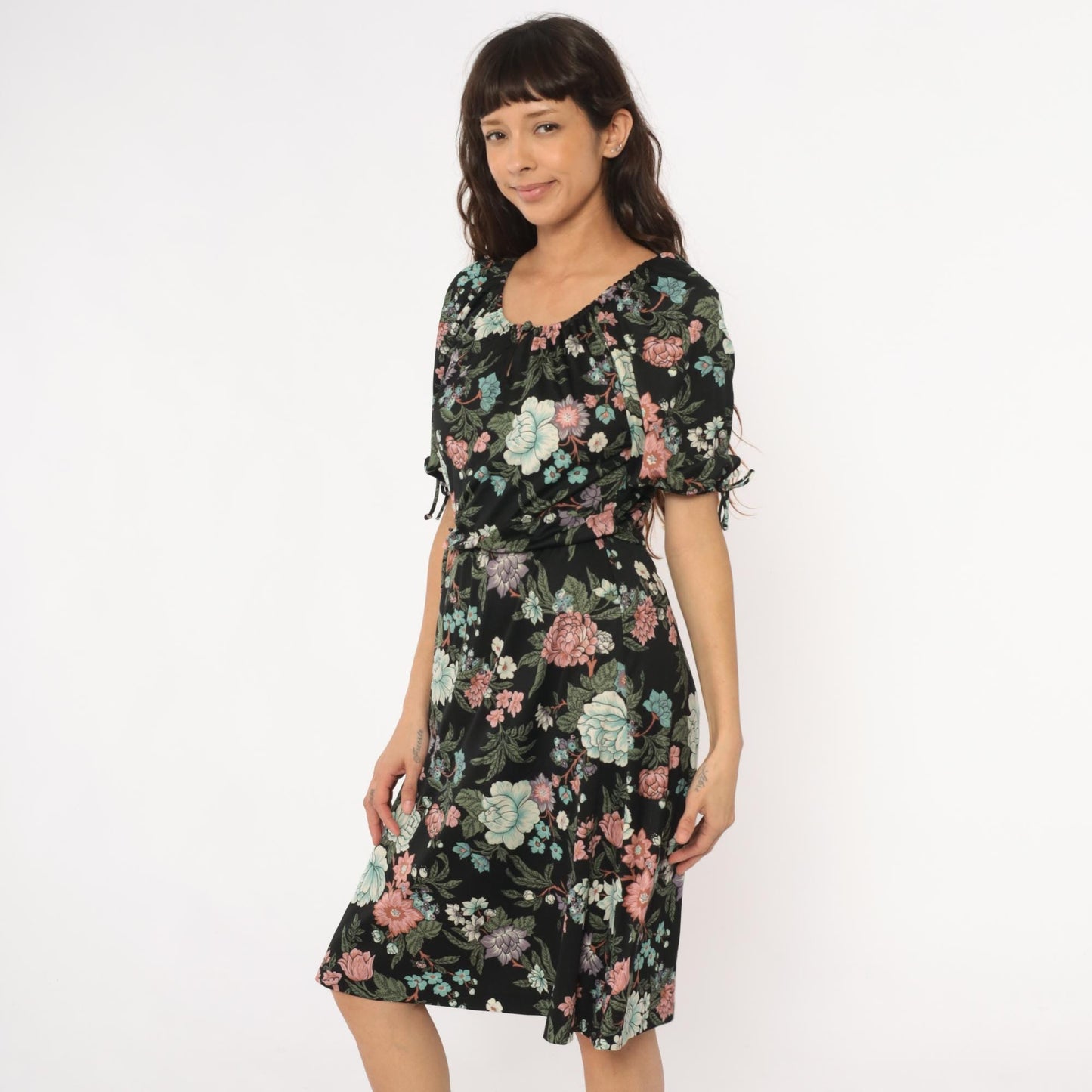 70s Black Floral Midi Dress Mint Pink Coral Tie Sleeve Small