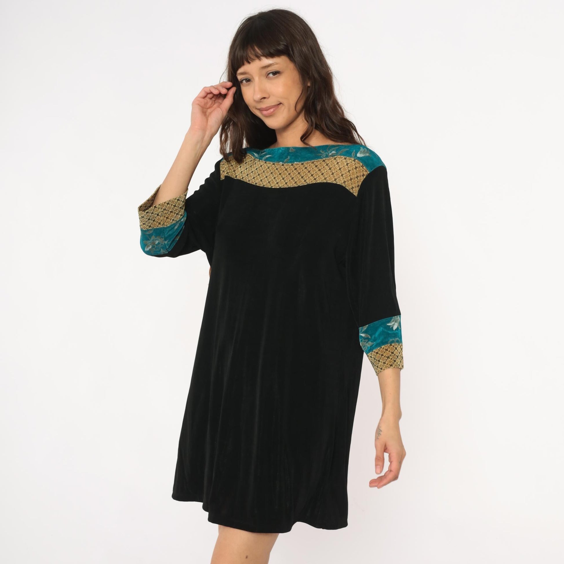 90s Vikki Vi Mini Dress Black Teal Floral Gold Colorblock Large L